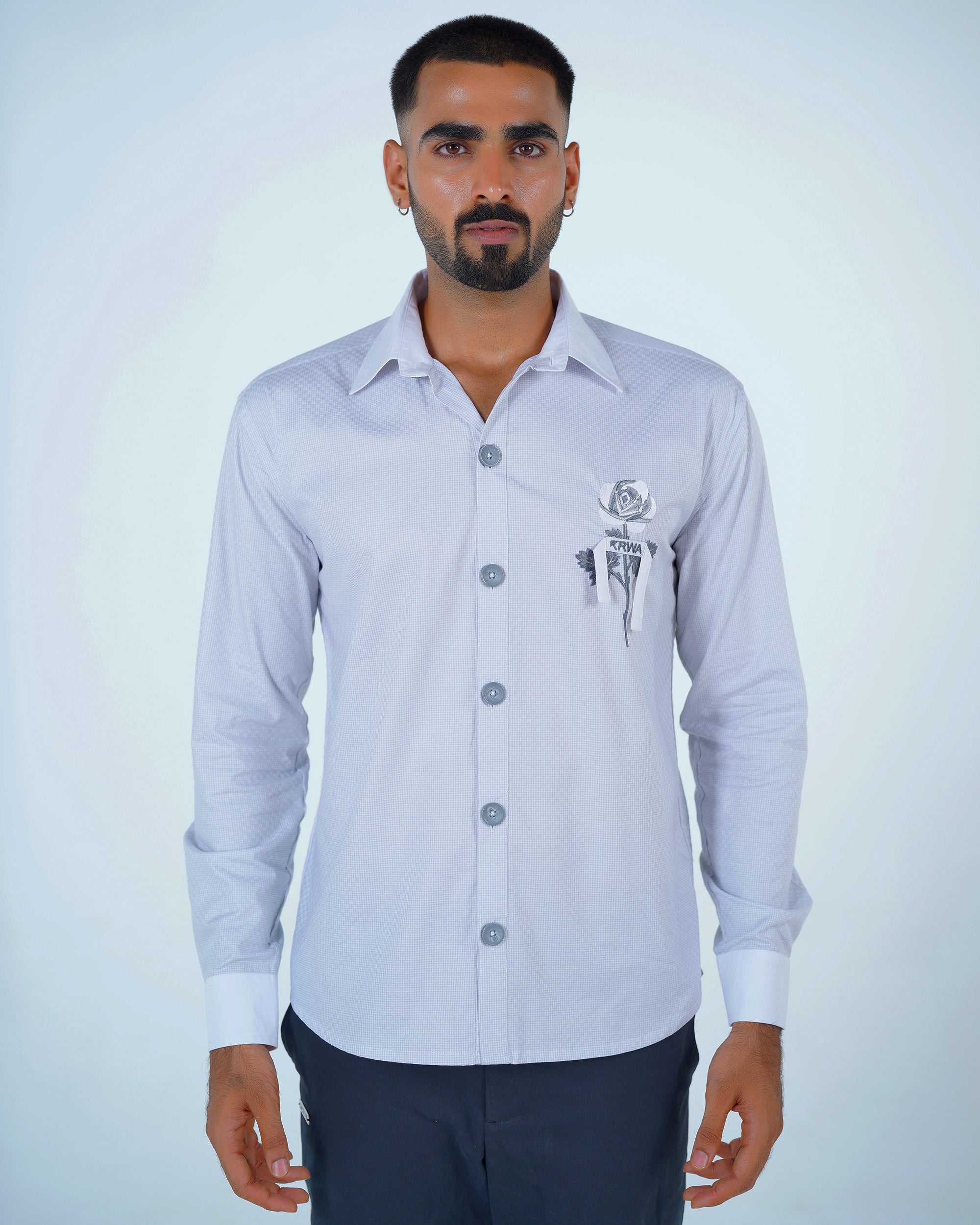 Grey Cotton Shirt with Rose Embroidery