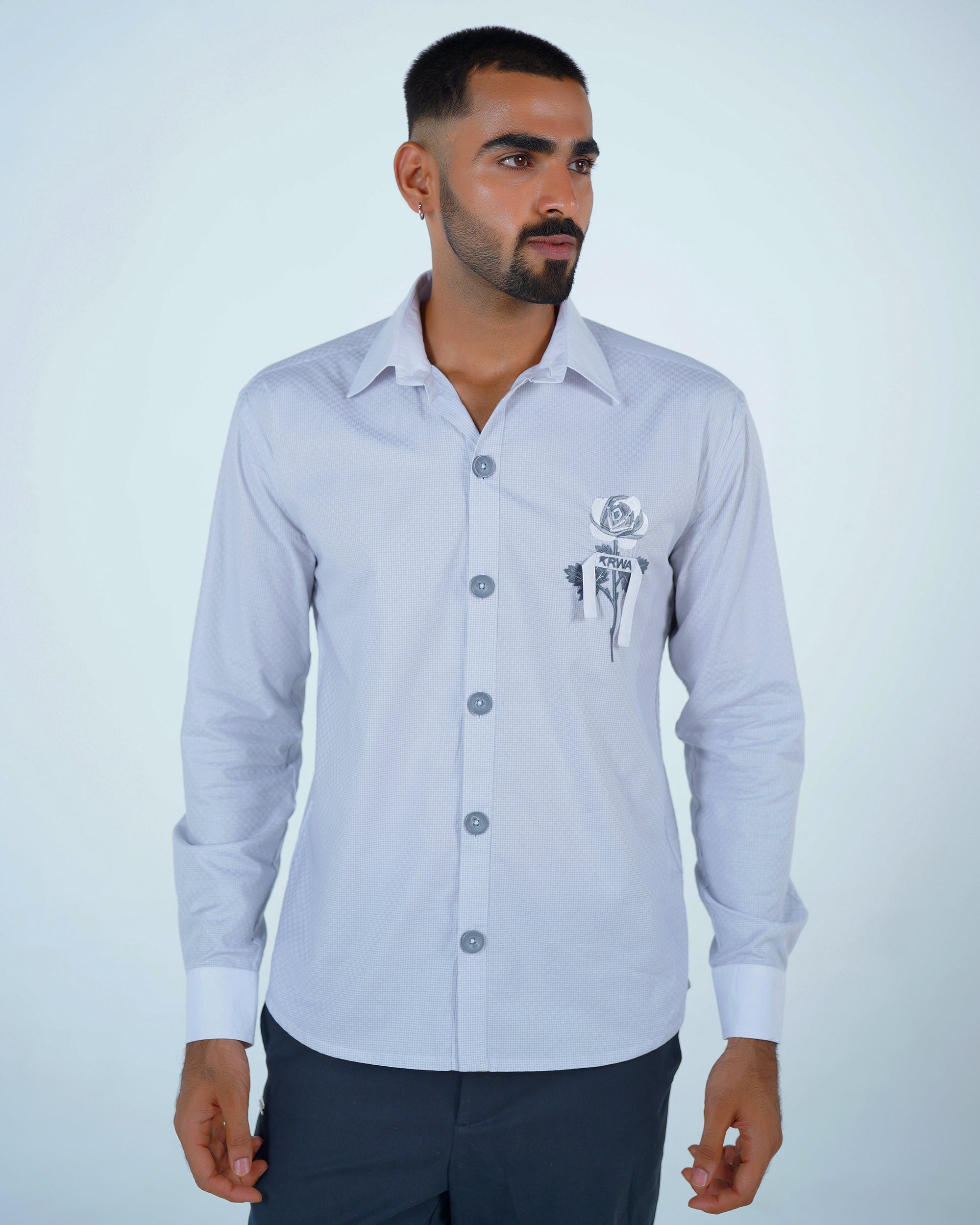 Grey Cotton Shirt with Rose Embroidery
