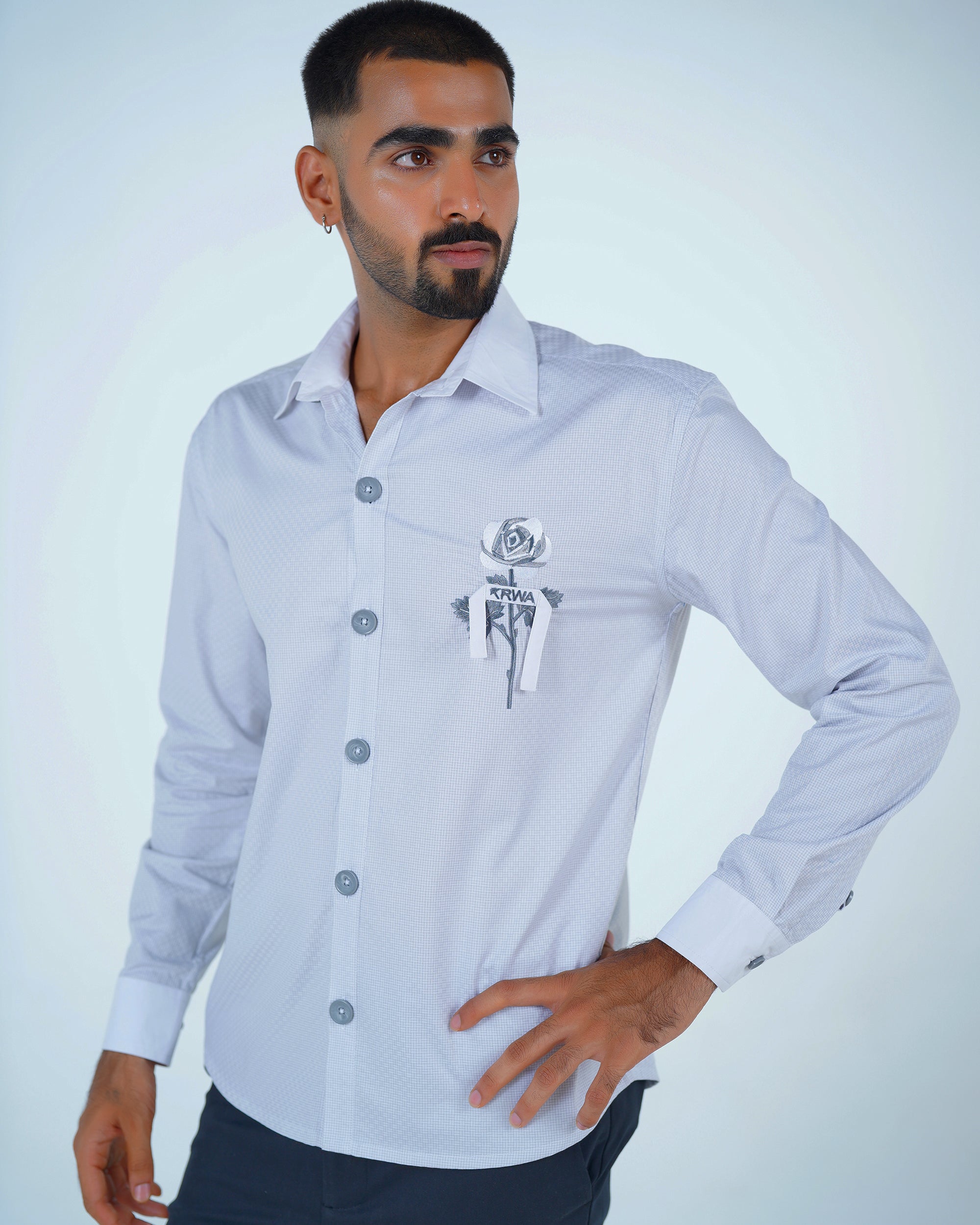 Grey Cotton Shirt with Rose Embroidery