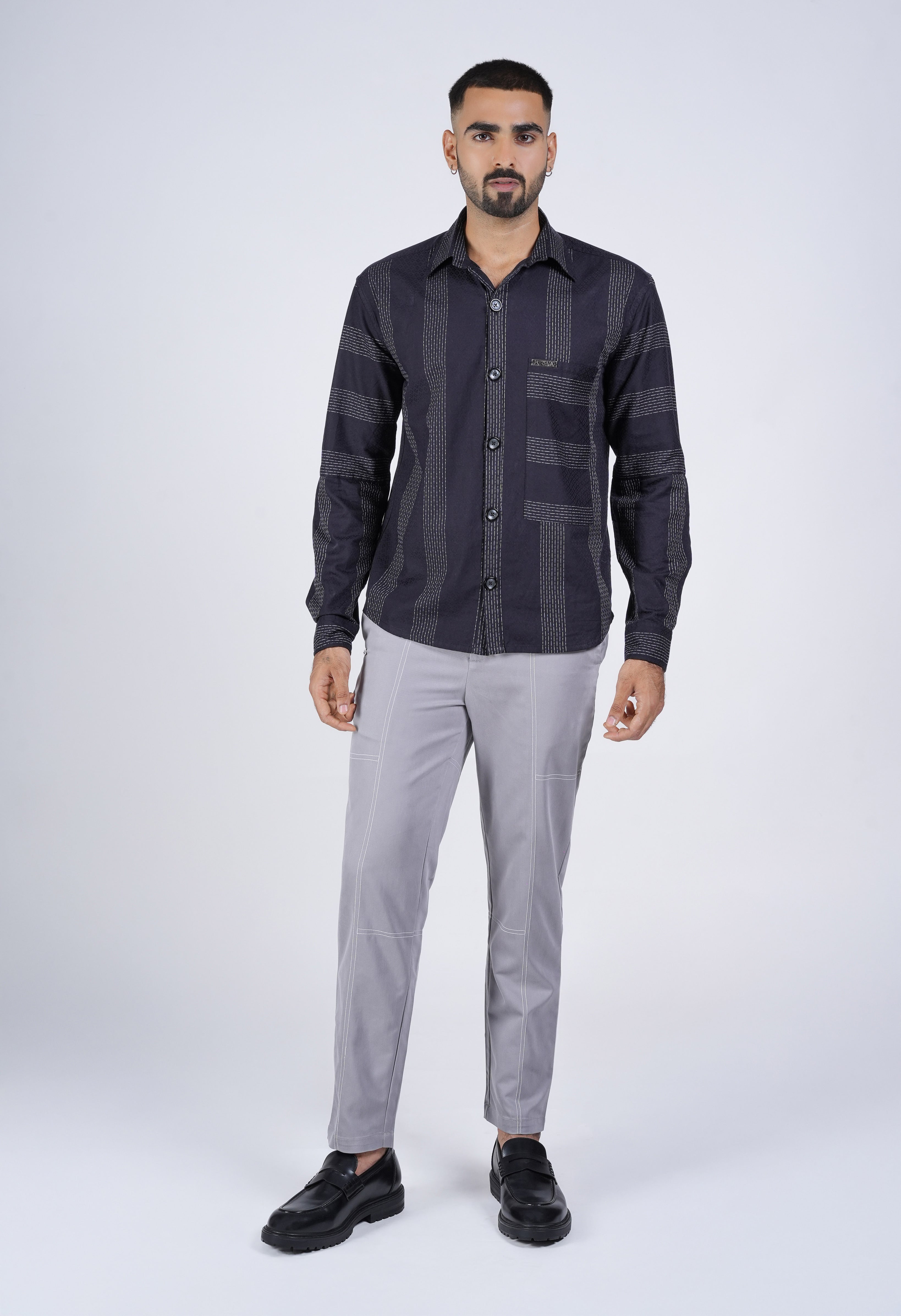 Dark Navy Shirt with Contrast Grid Lines