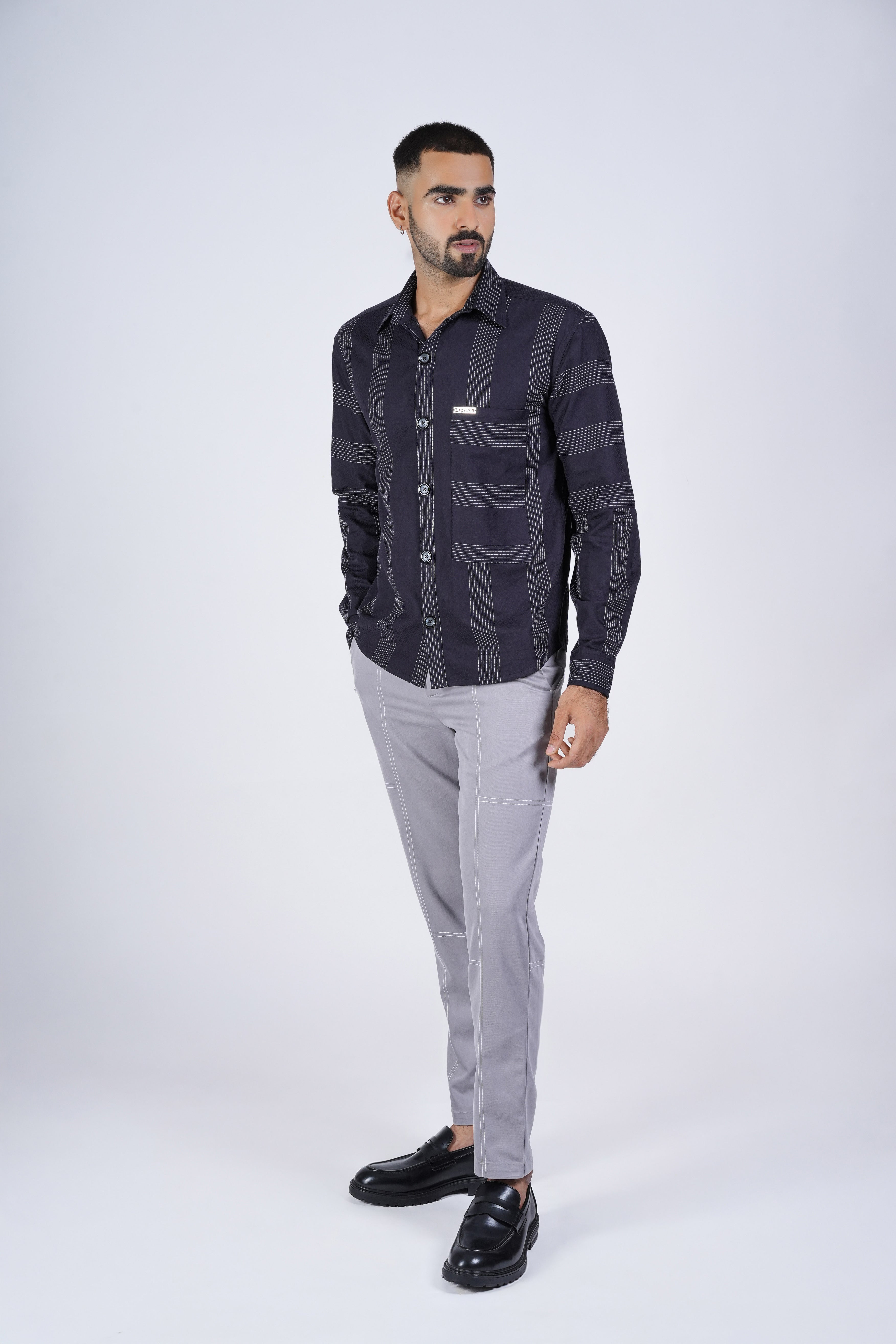 Dark Navy Shirt with Contrast Grid Lines