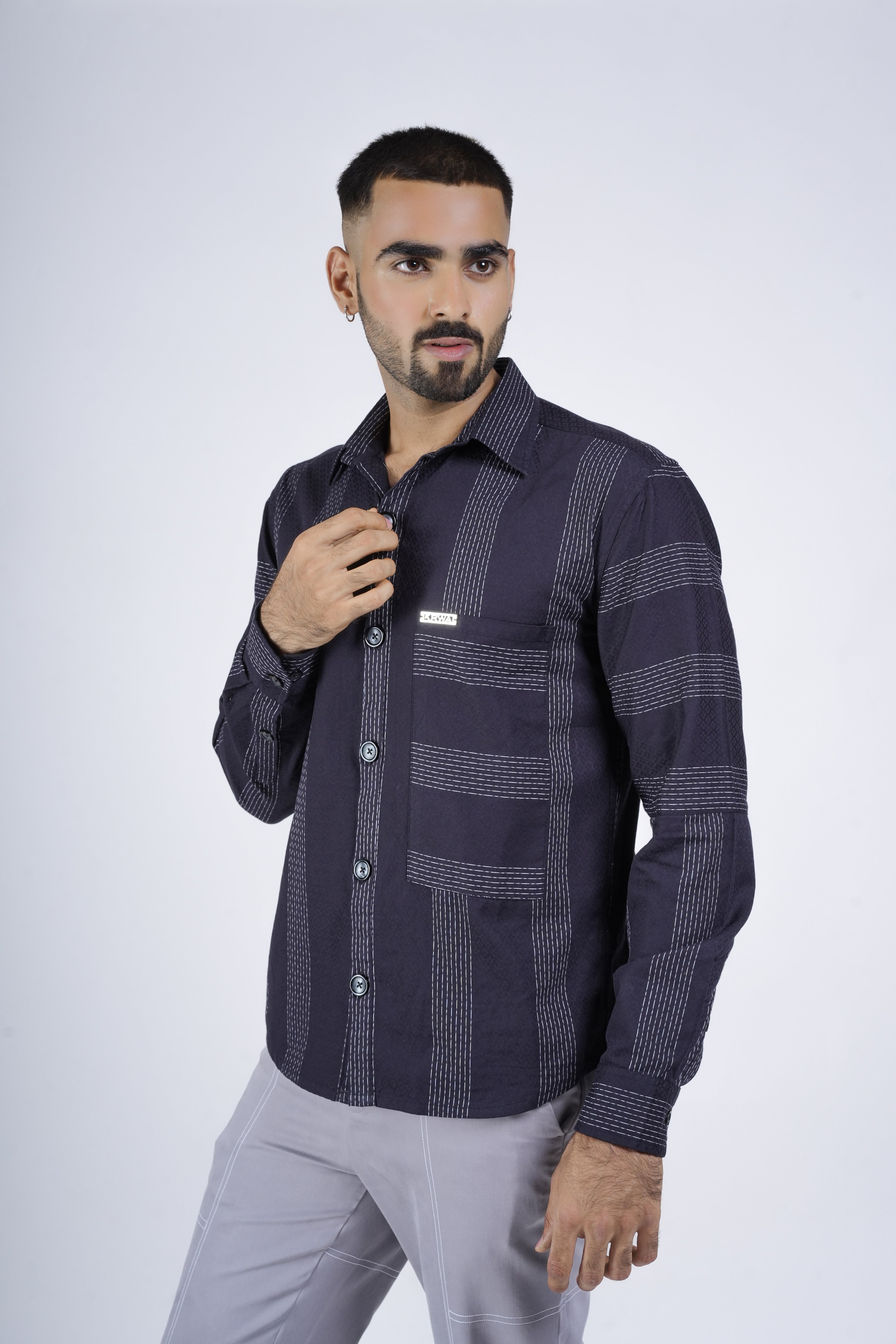 Dark Navy Shirt with Contrast Grid Lines