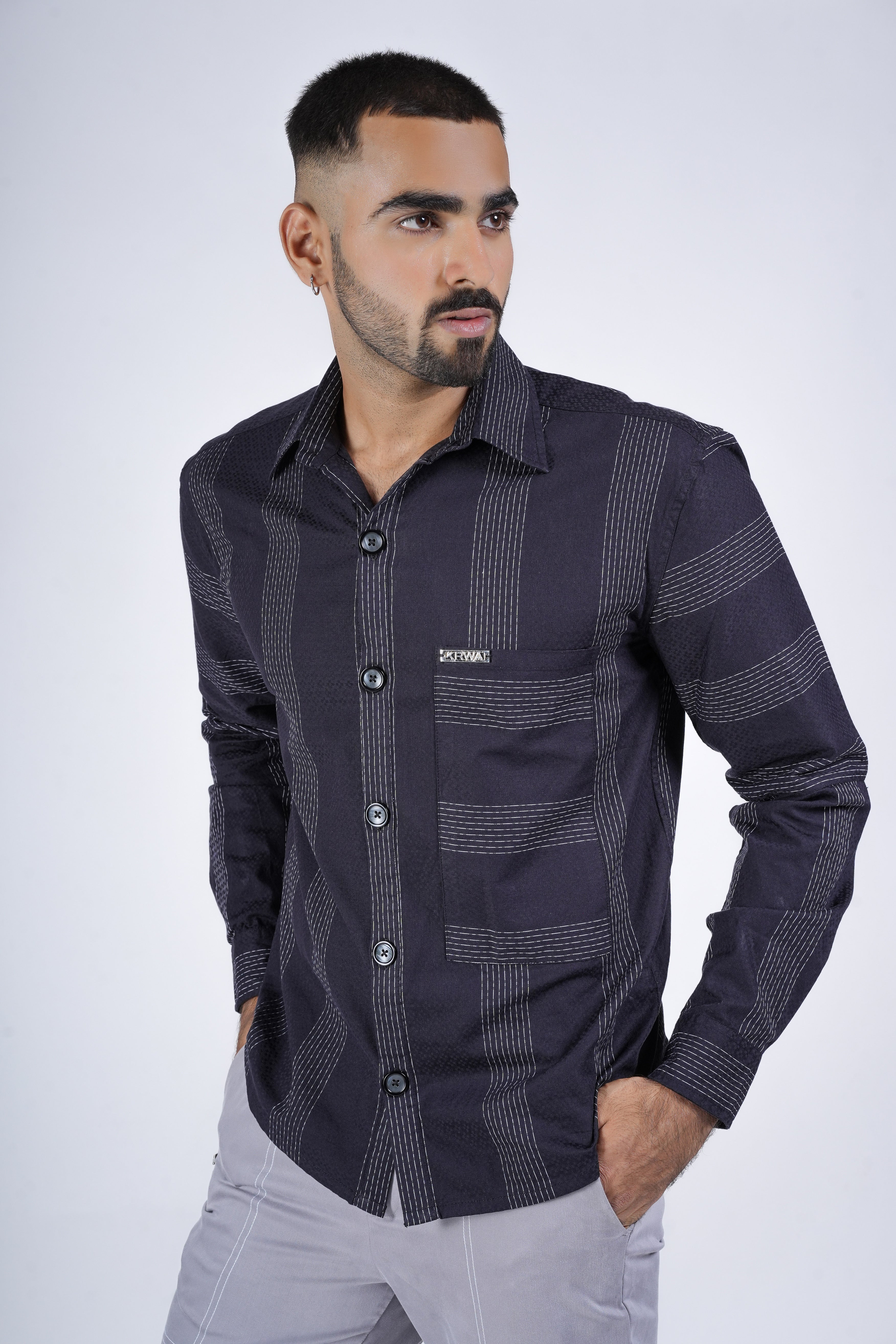 Dark Navy Shirt with Contrast Grid Lines