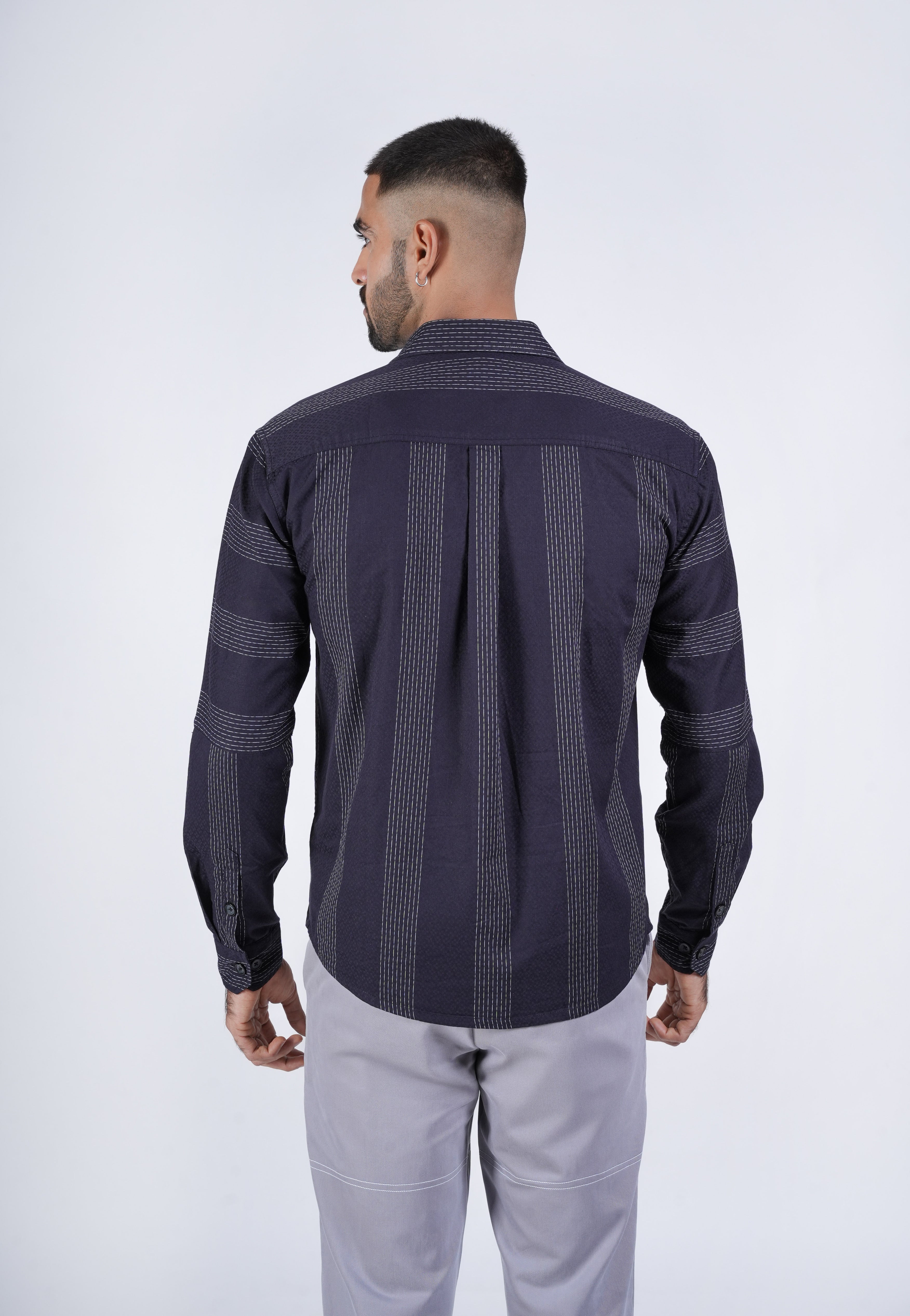 Dark Navy Shirt with Contrast Grid Lines