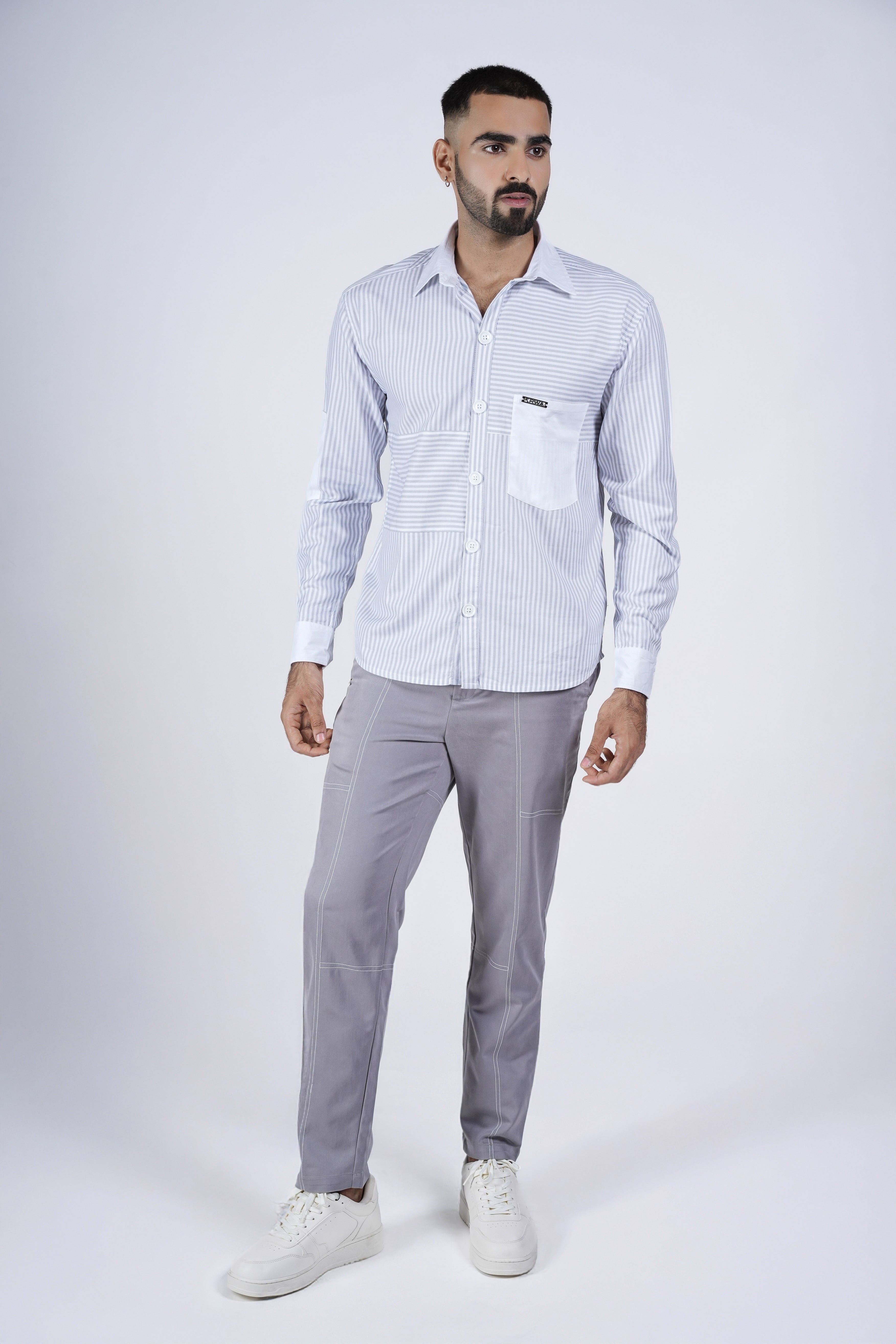 Unisex Grey striped shirt with grain play