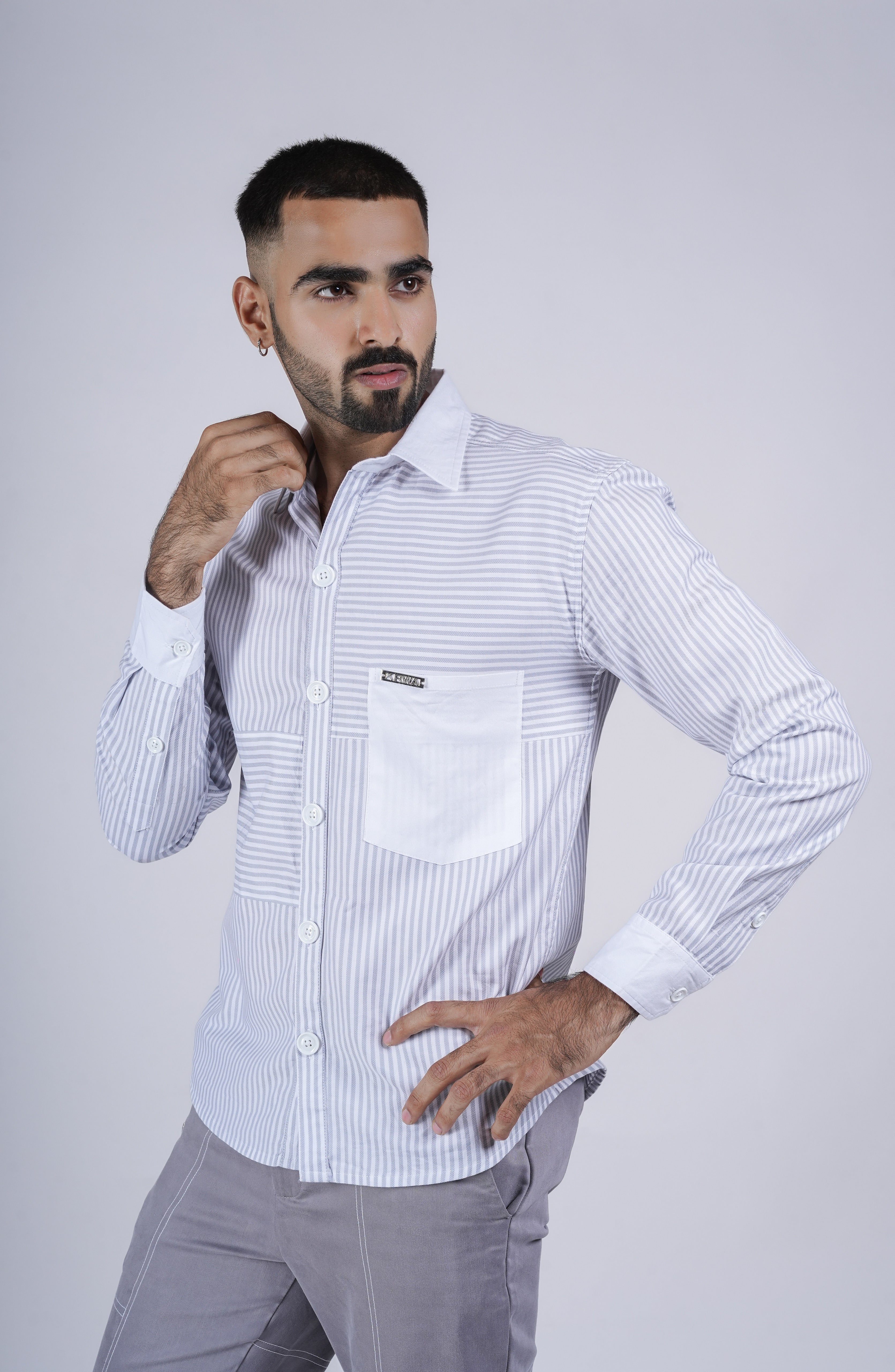 Unisex Grey striped shirt with grain play