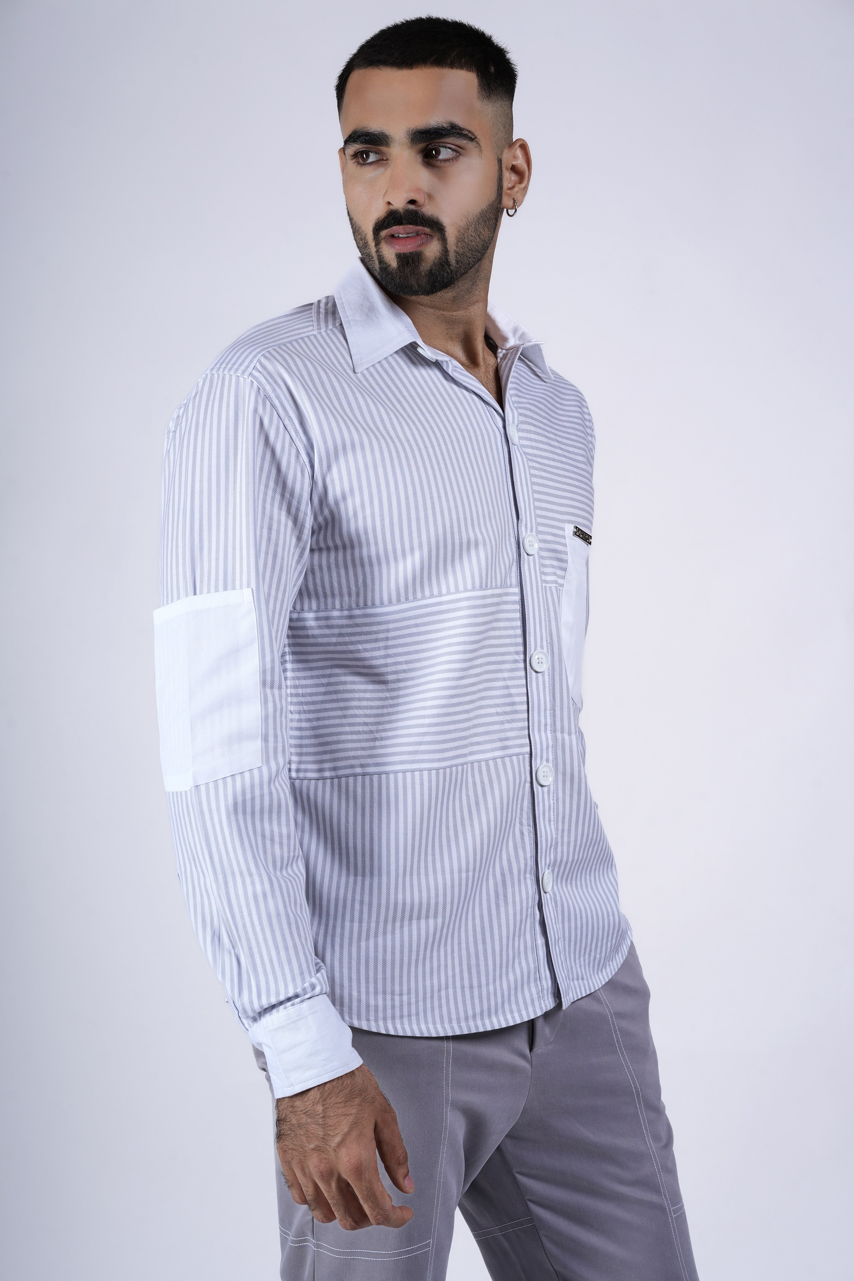 Unisex Grey striped shirt with grain play