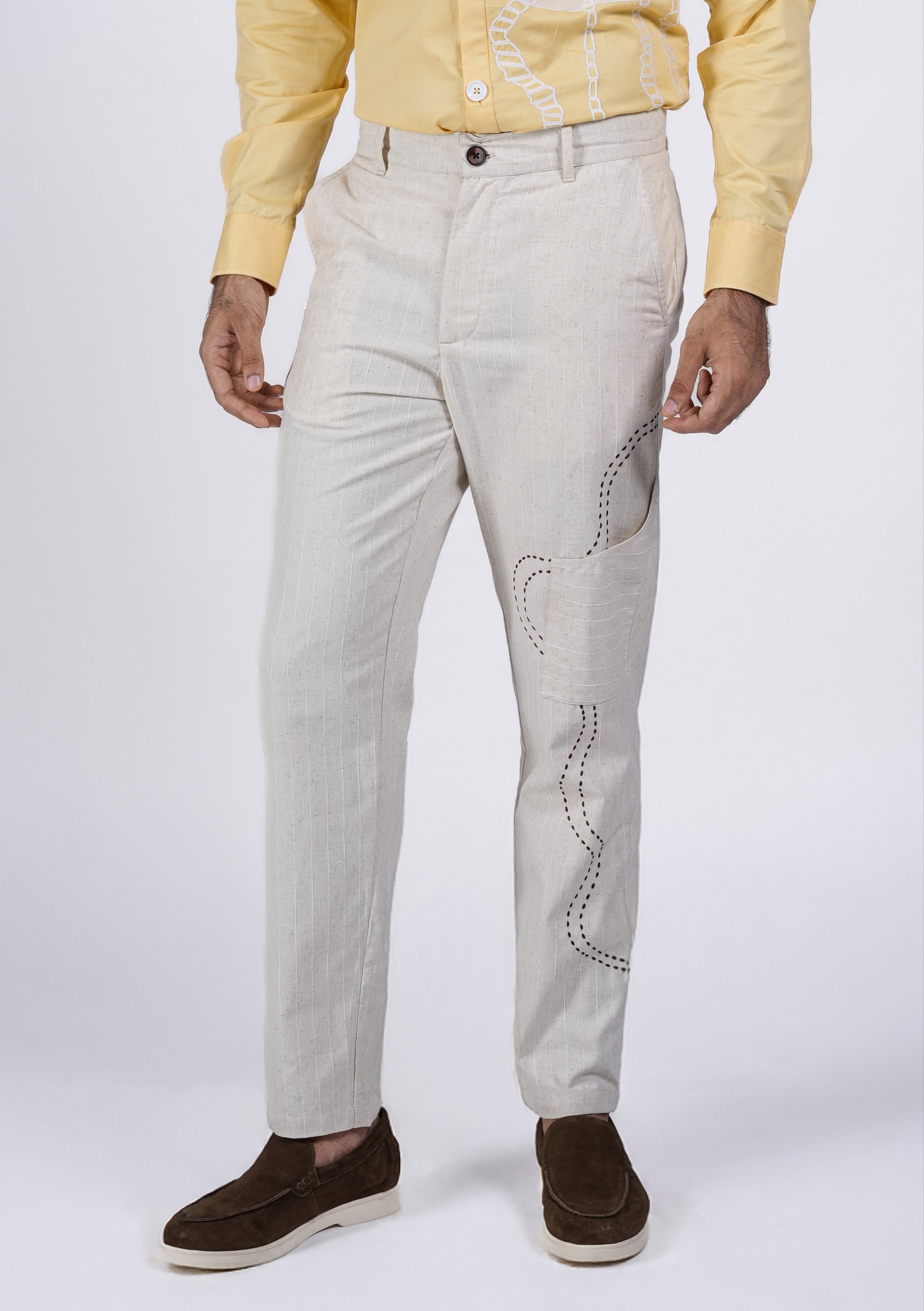 Beige Embroidered Chinos