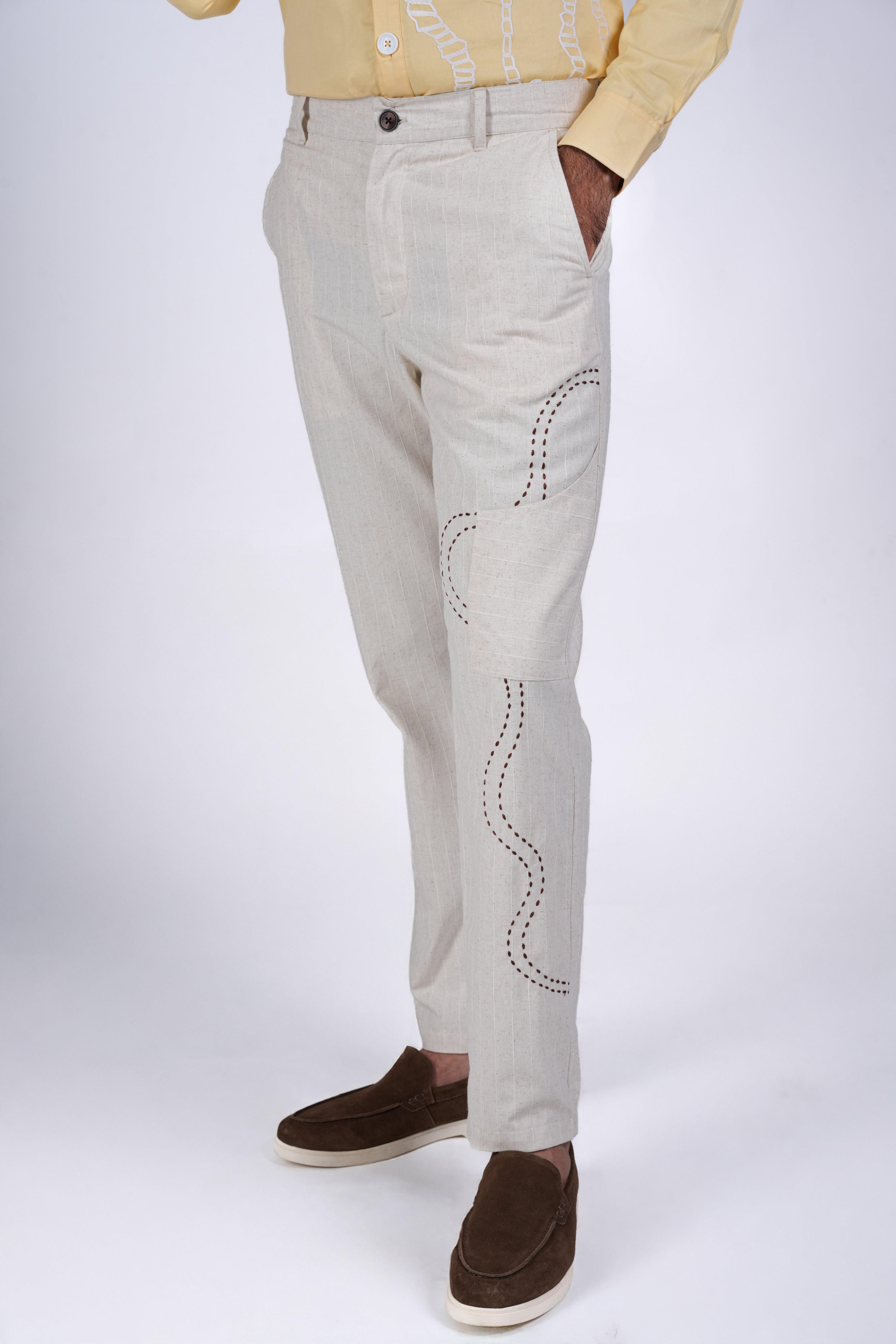 Beige Embroidered Chinos
