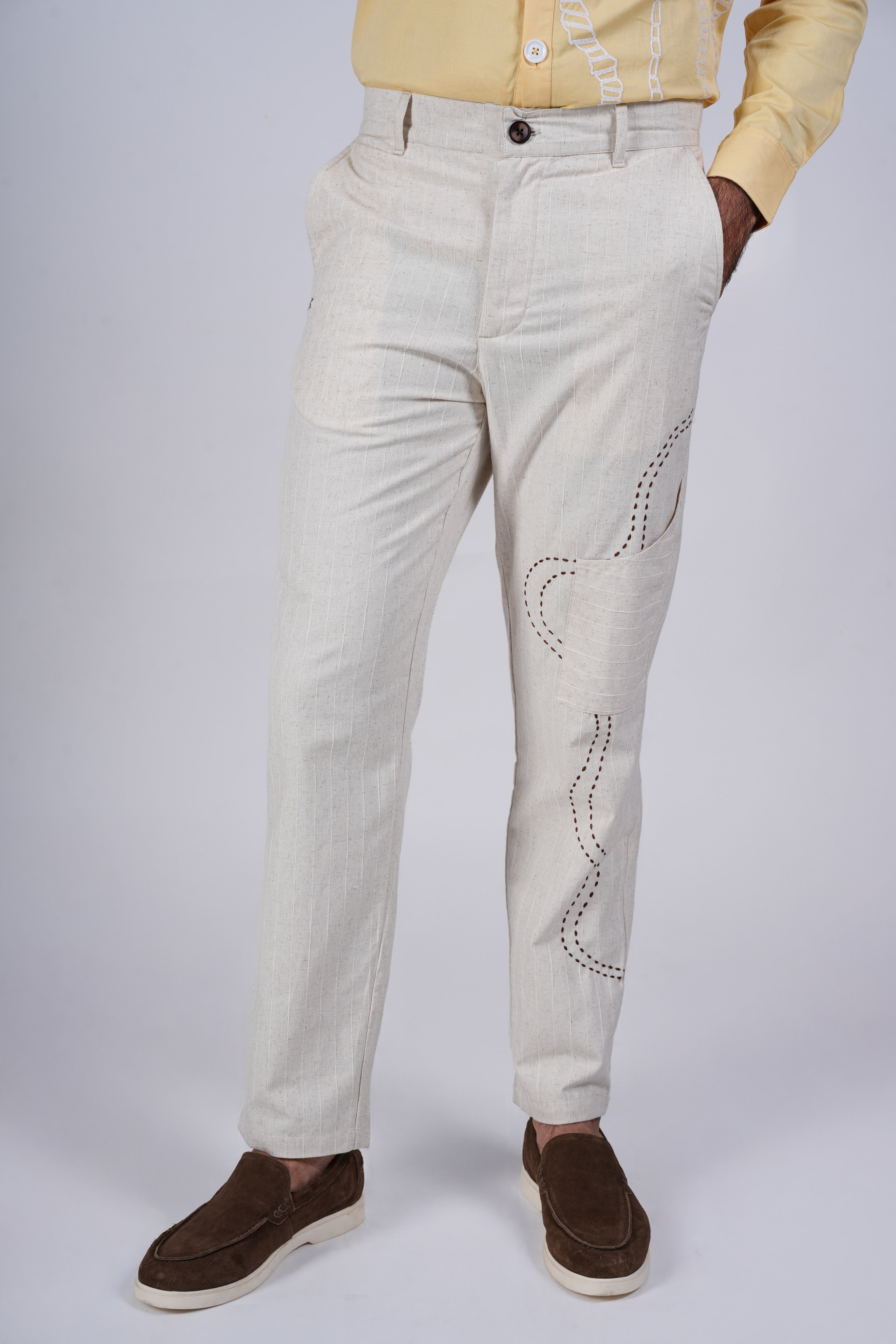 Beige Embroidered Chinos