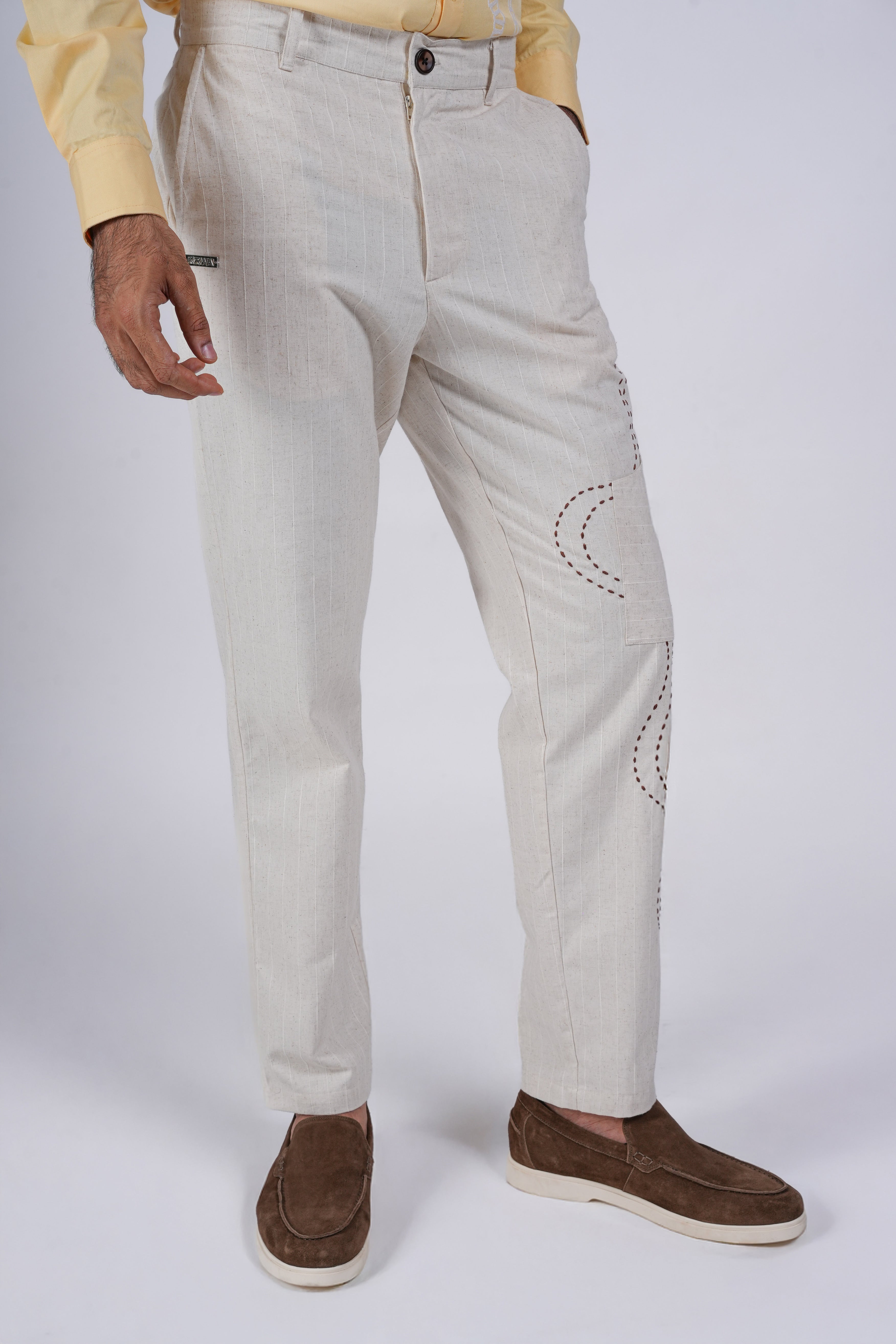 Beige Embroidered Chinos