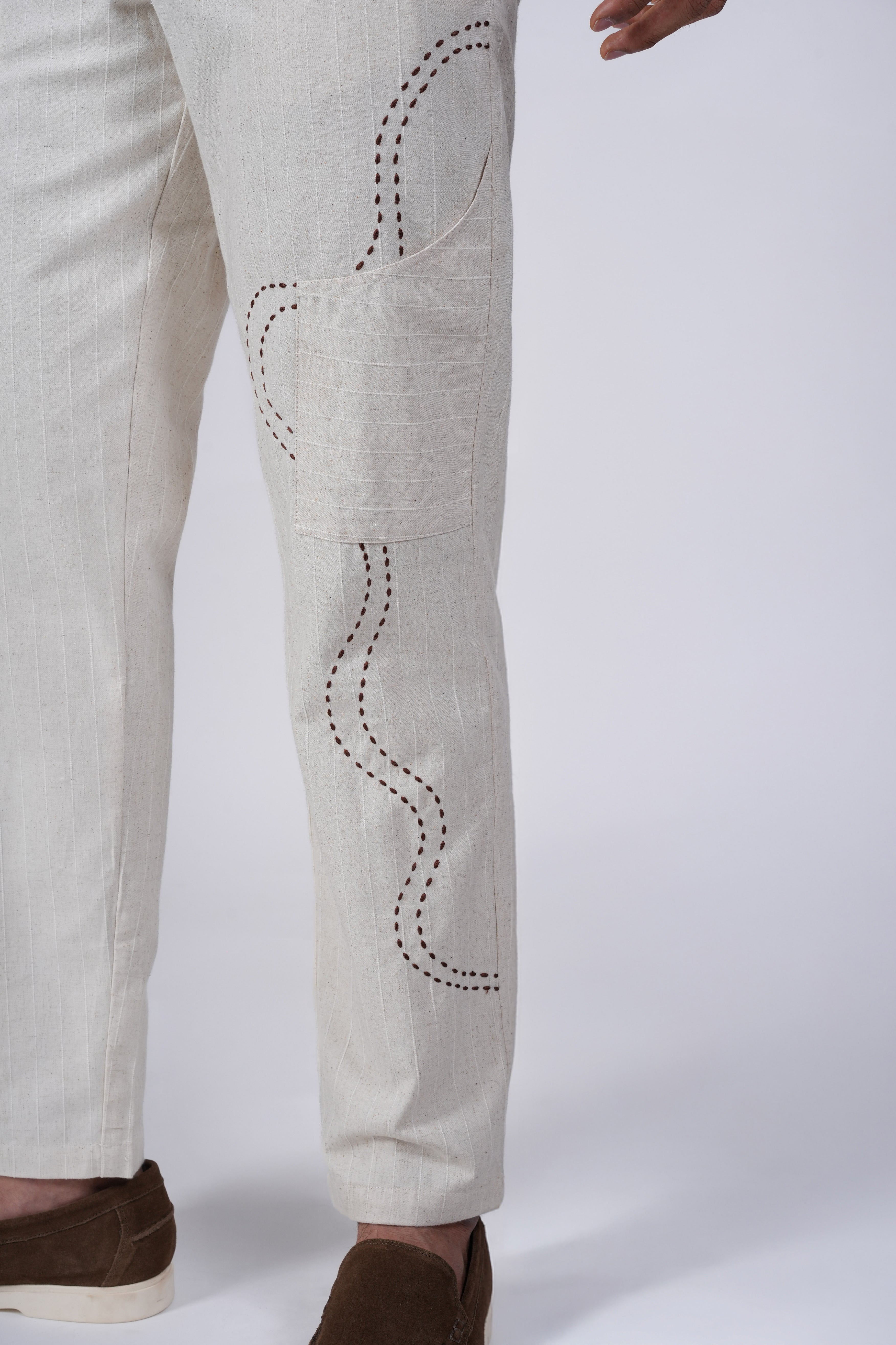 Beige Embroidered Chinos