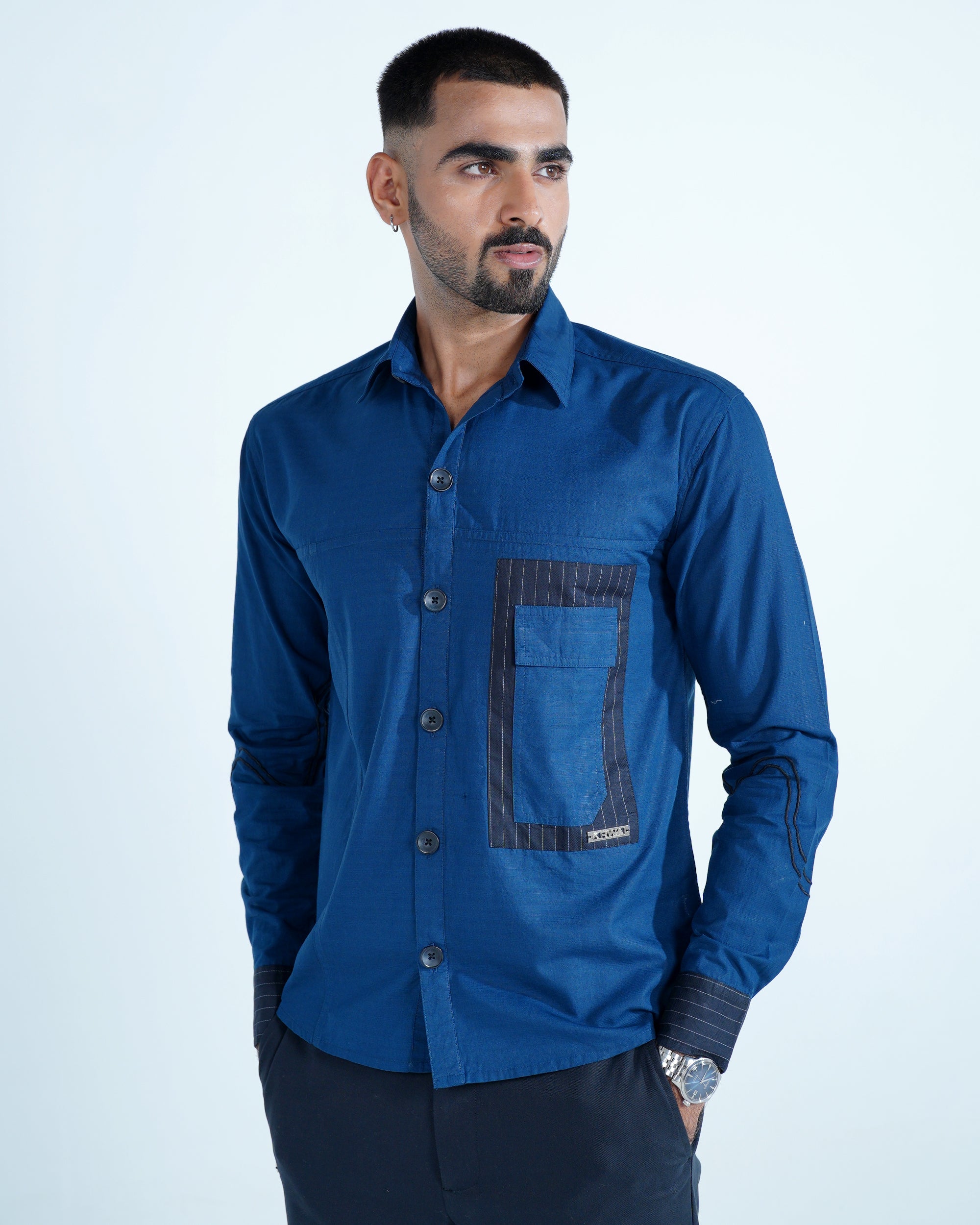 Deep Blue Embroidered Cotton Shirt