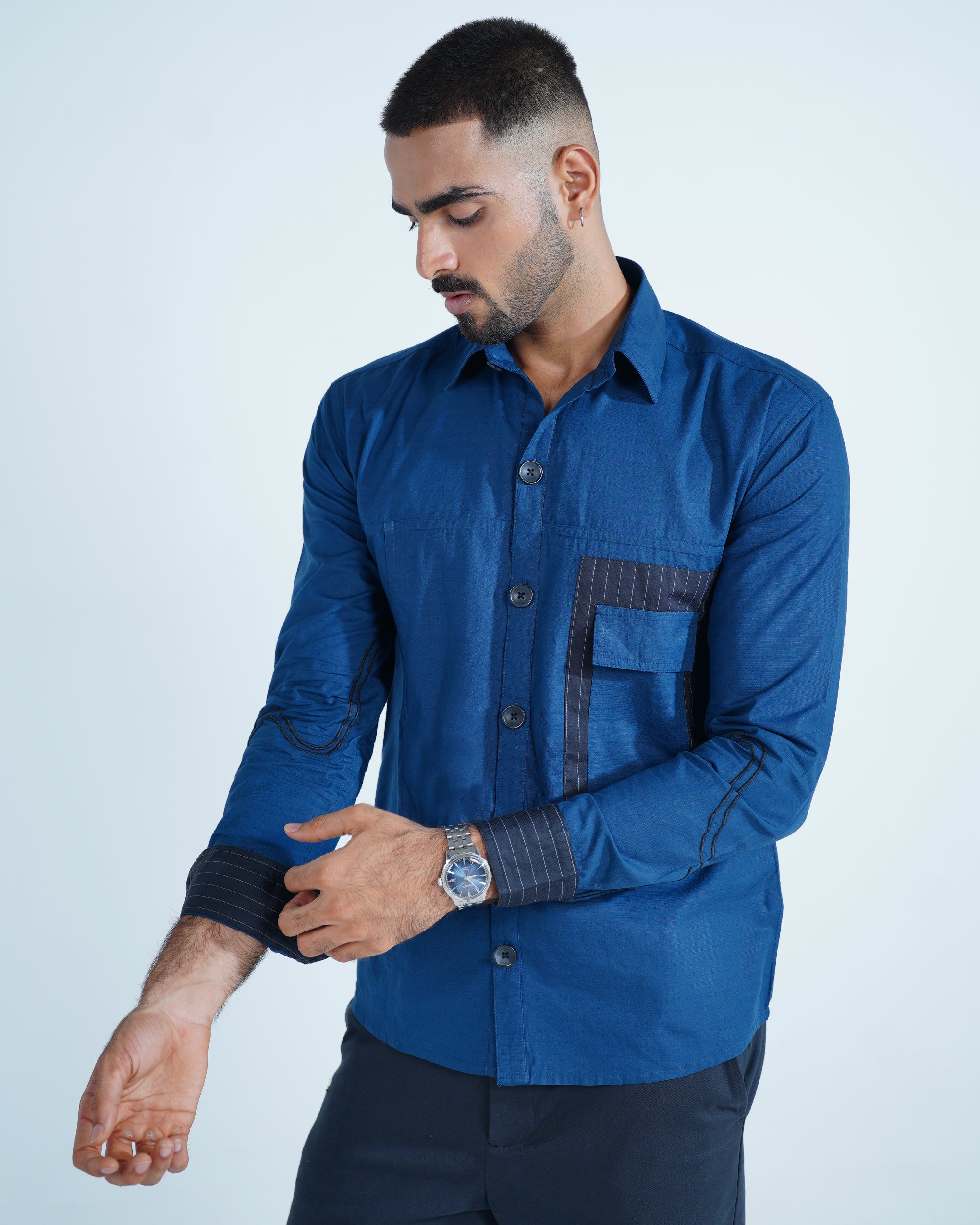 Deep Blue Embroidered Cotton Shirt