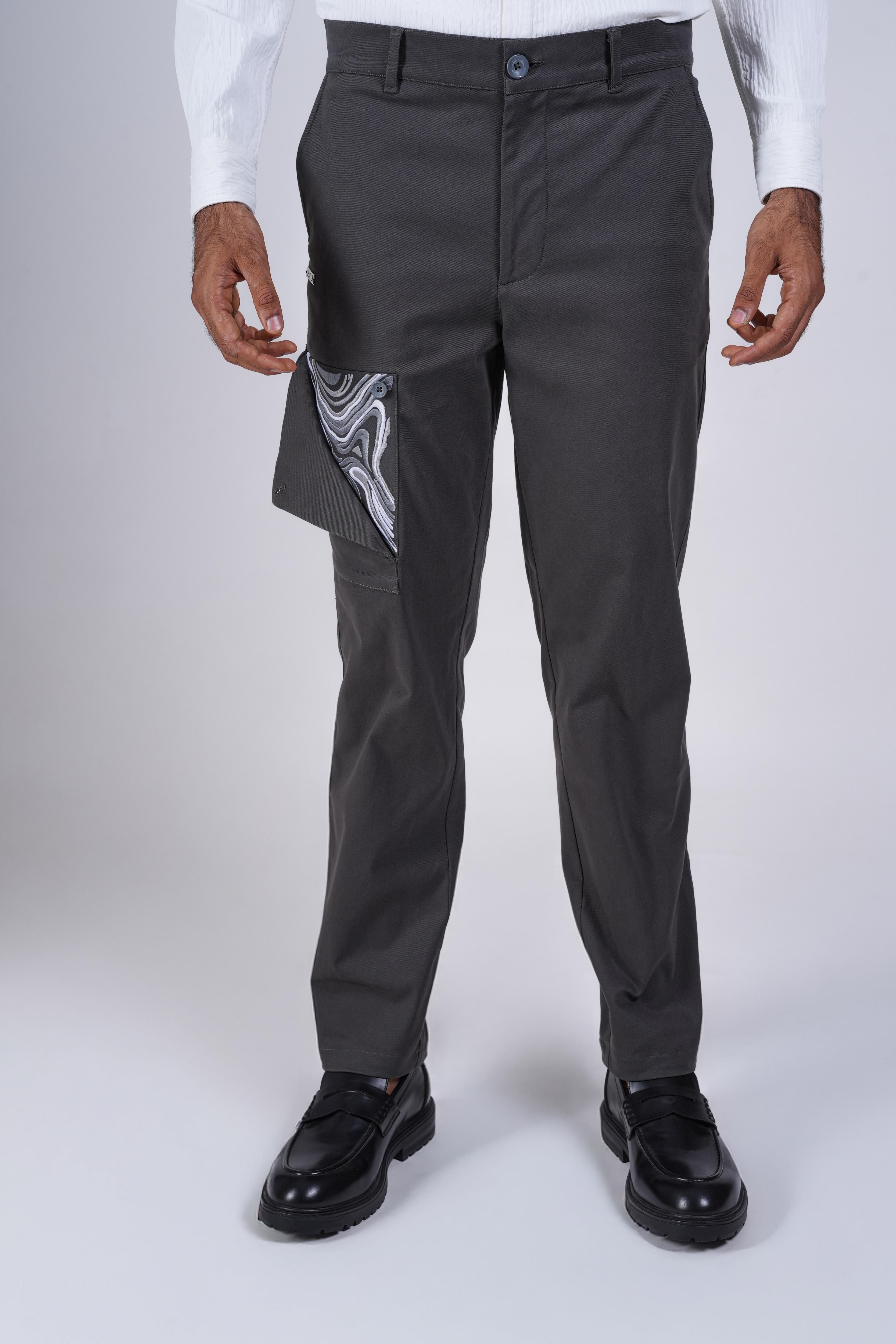 Dark Grey Chinos with Abstract Embroidery