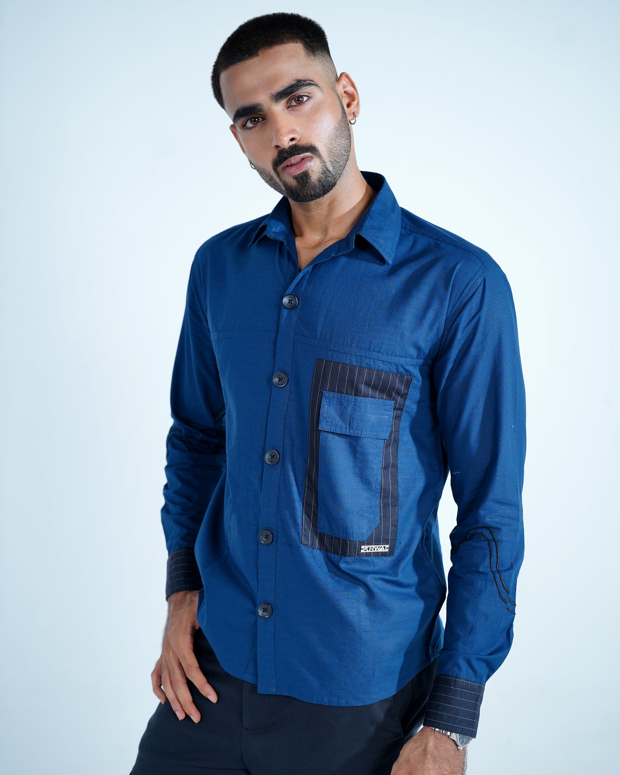 Deep Blue Embroidered Cotton Shirt