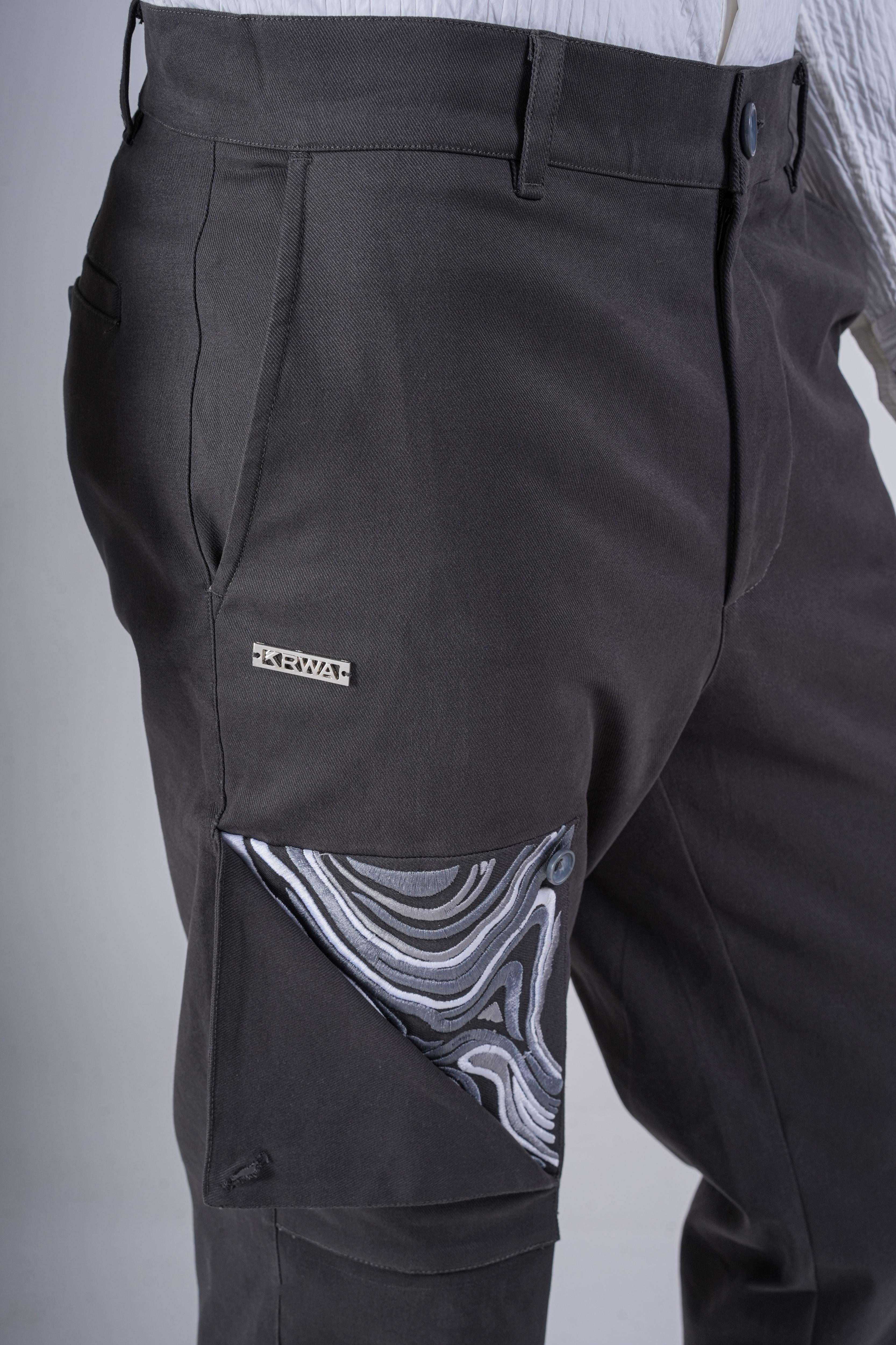 Dark Grey Chinos with Abstract Embroidery