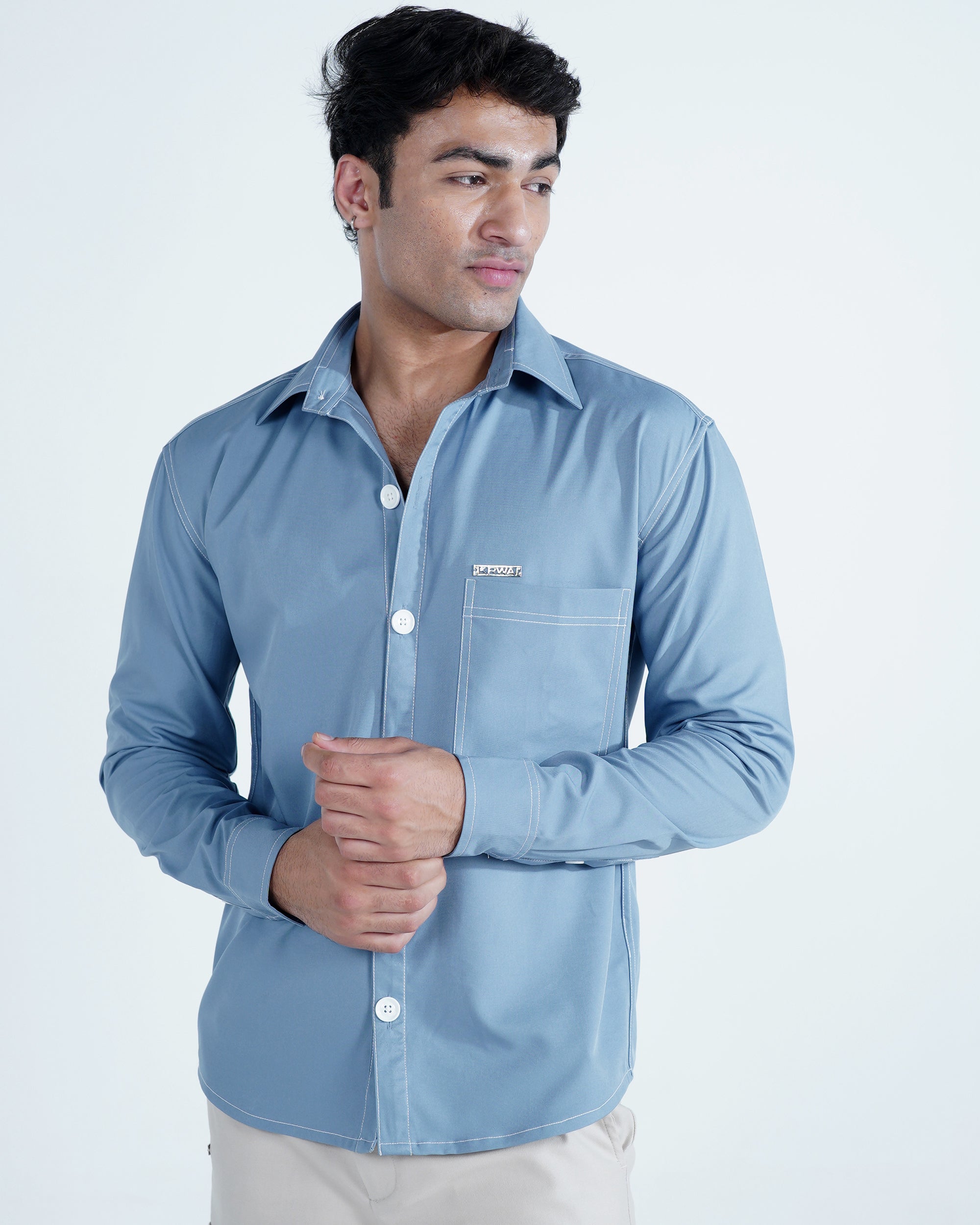 Blue Rich Solid Contrast Stitch Shirt