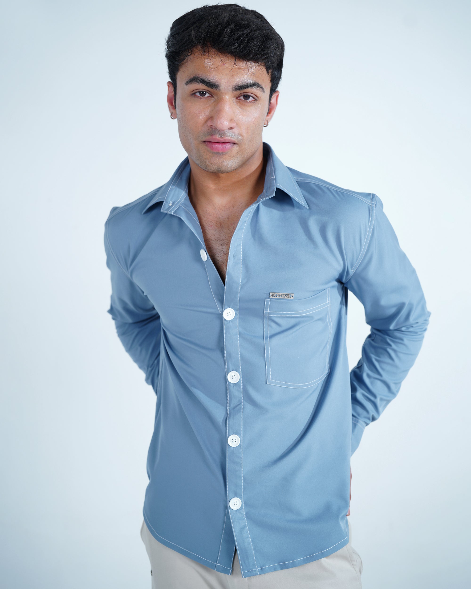 Blue Rich Solid Contrast Stitch Shirt