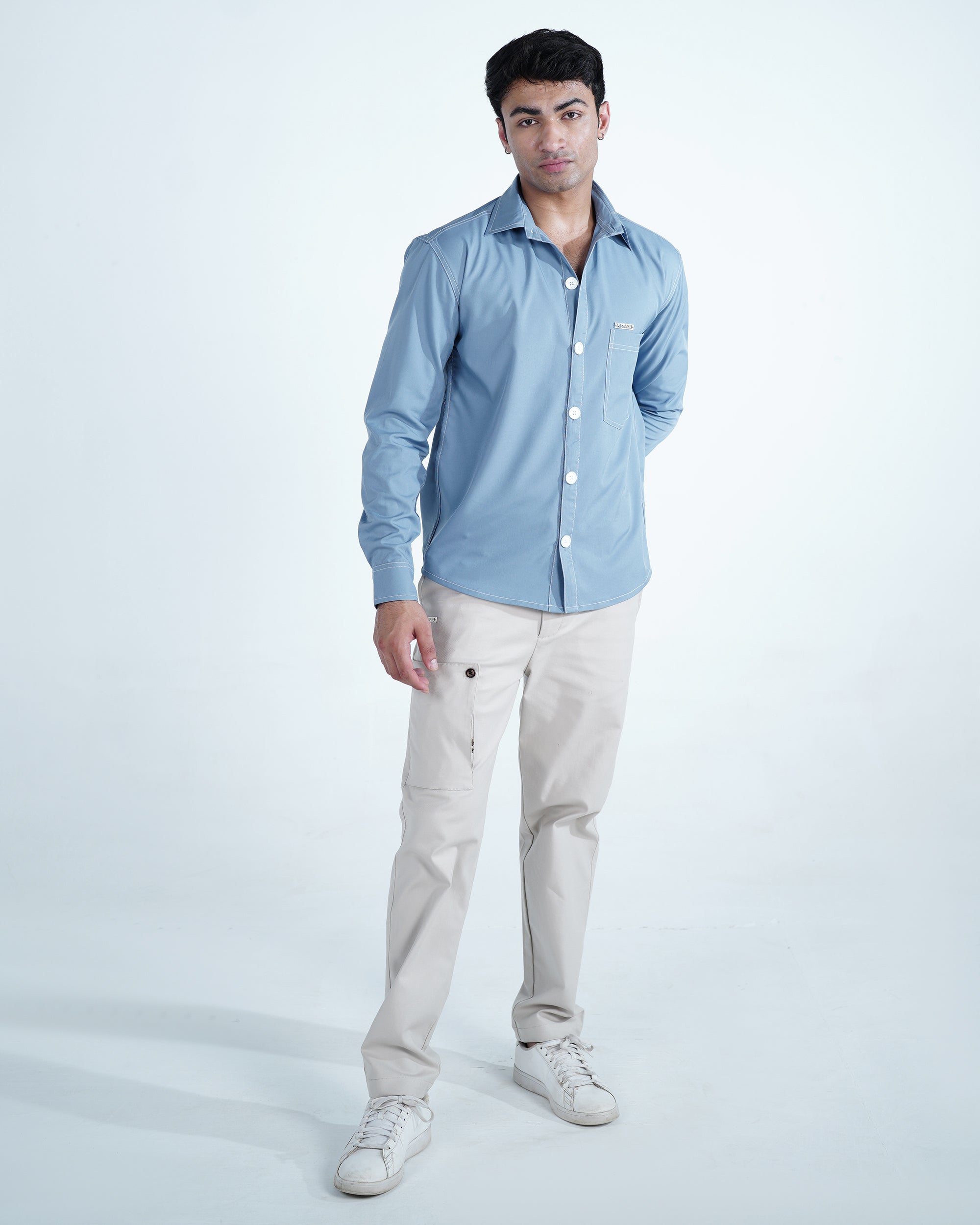 Blue Rich Solid Contrast Stitch Shirt