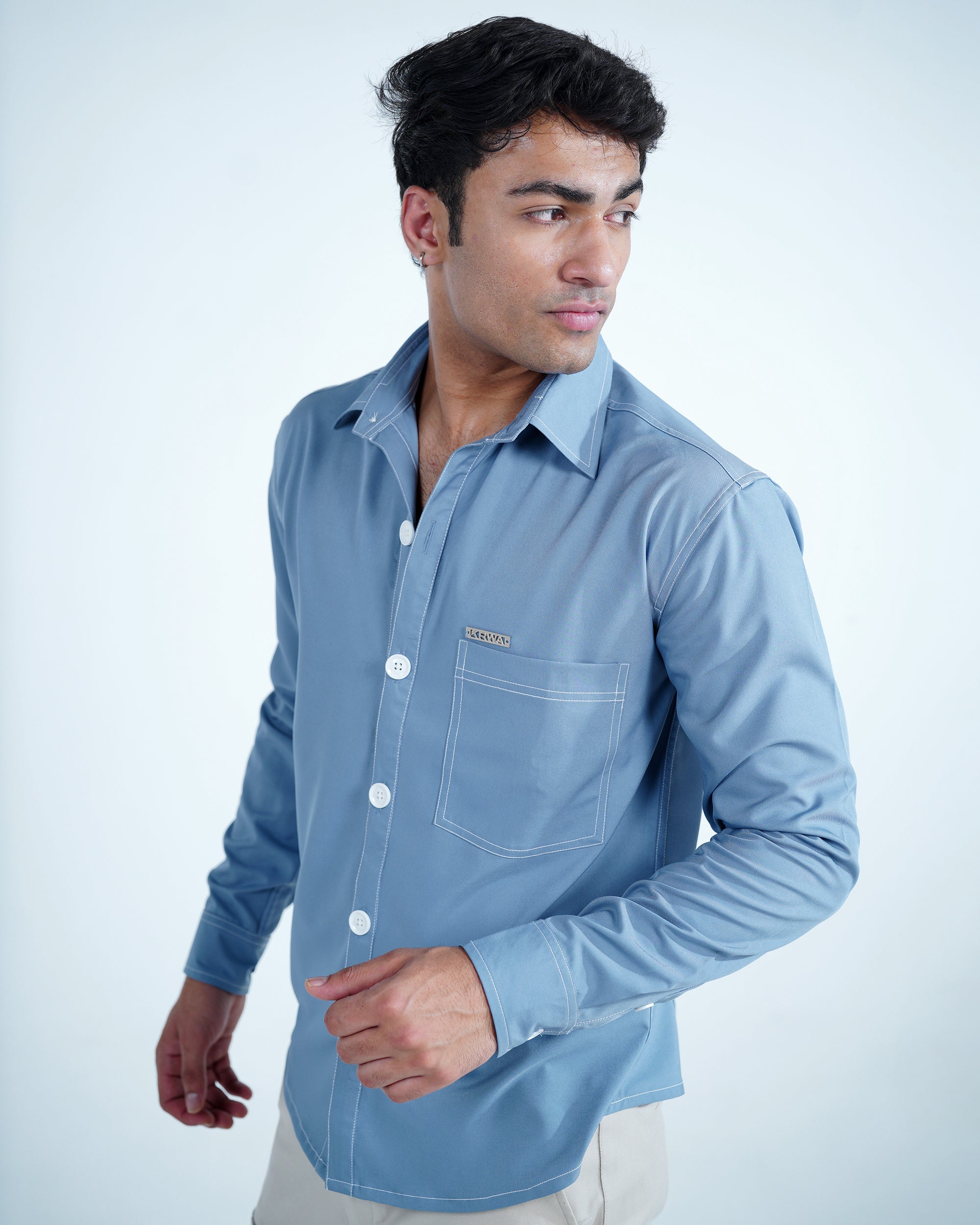 Blue Rich Solid Contrast Stitch Shirt