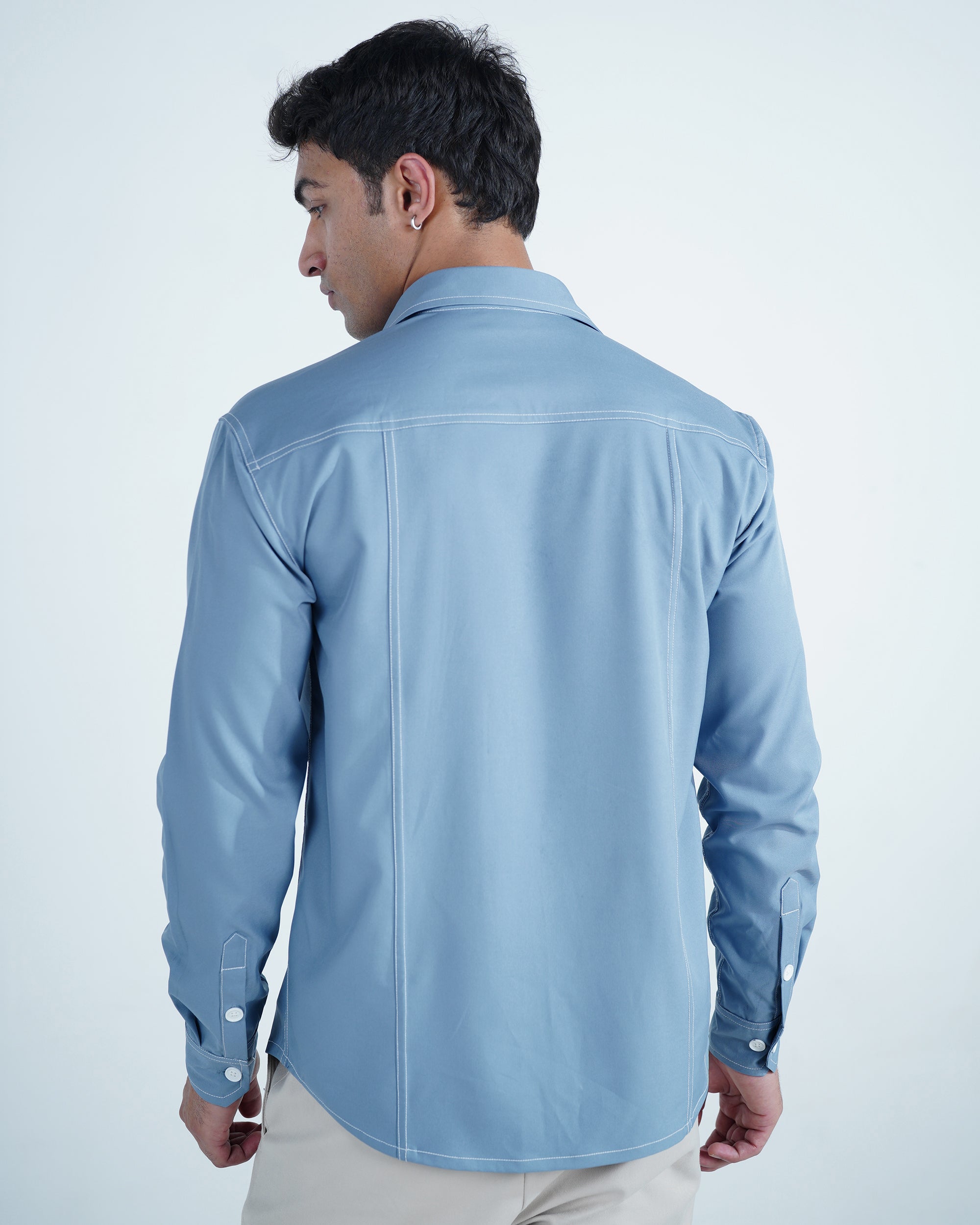 Blue Rich Solid Contrast Stitch Shirt