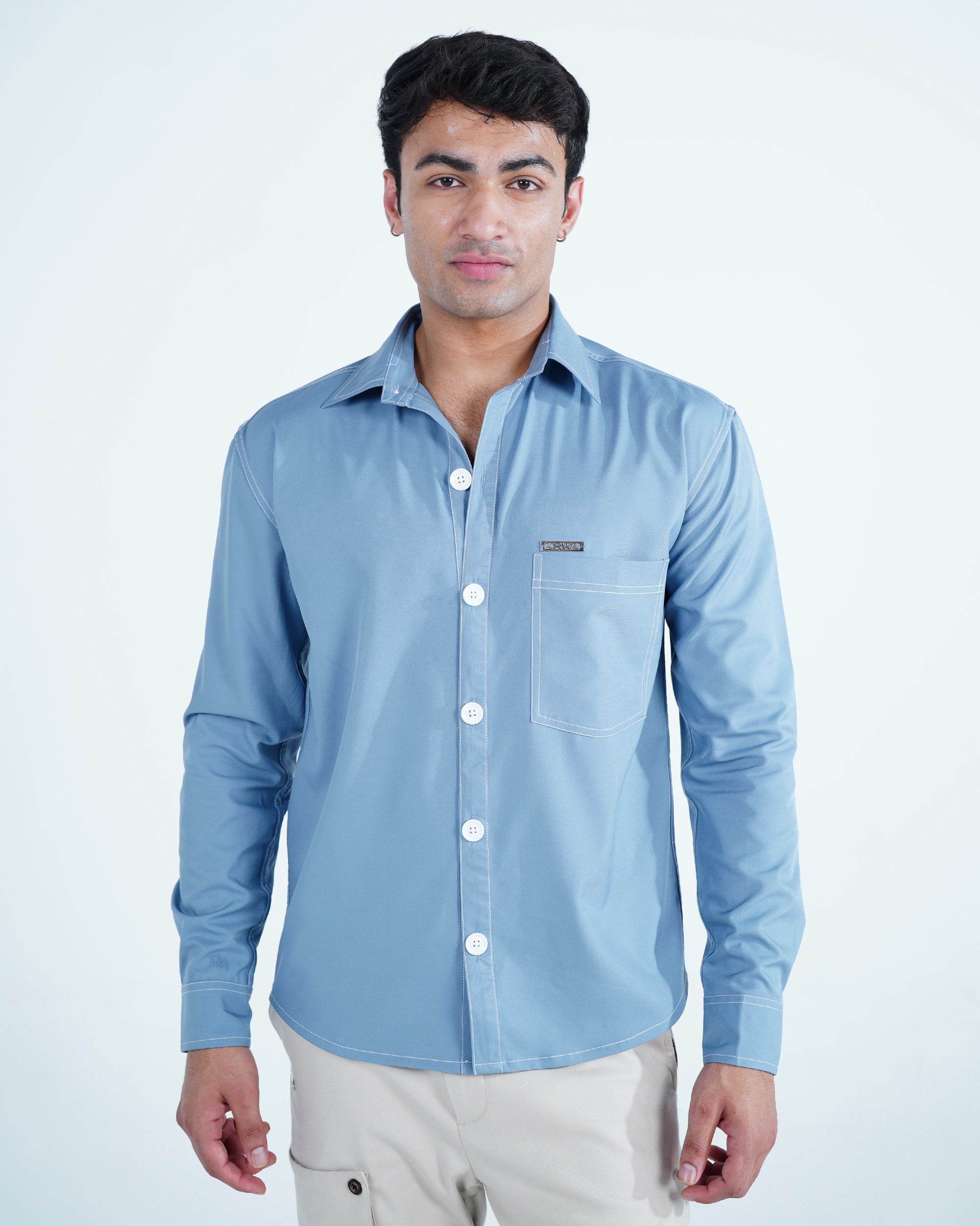 Blue Rich Solid Contrast Stitch Shirt