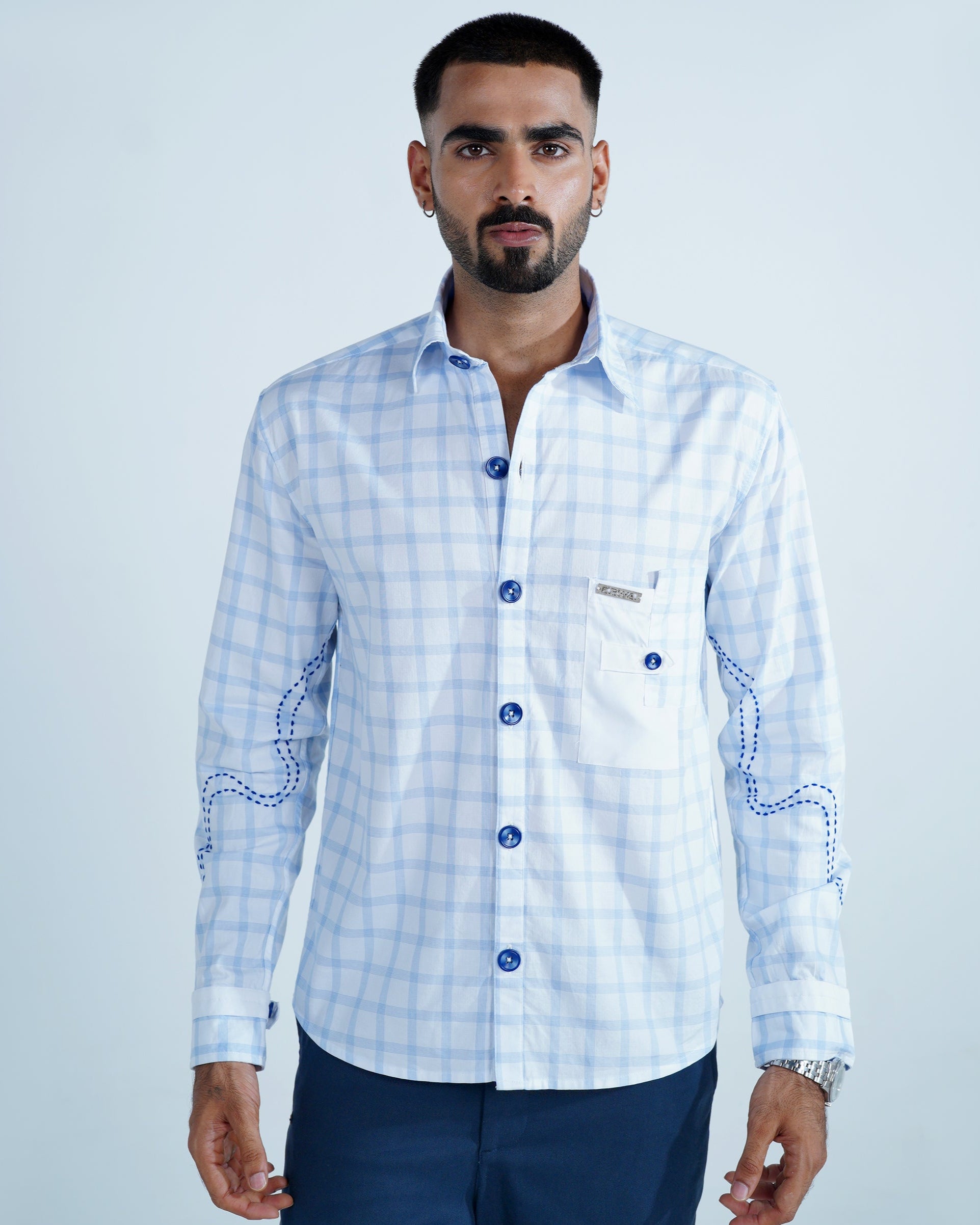 Sky Checks Cotton Shirt With Hand Embriodery
