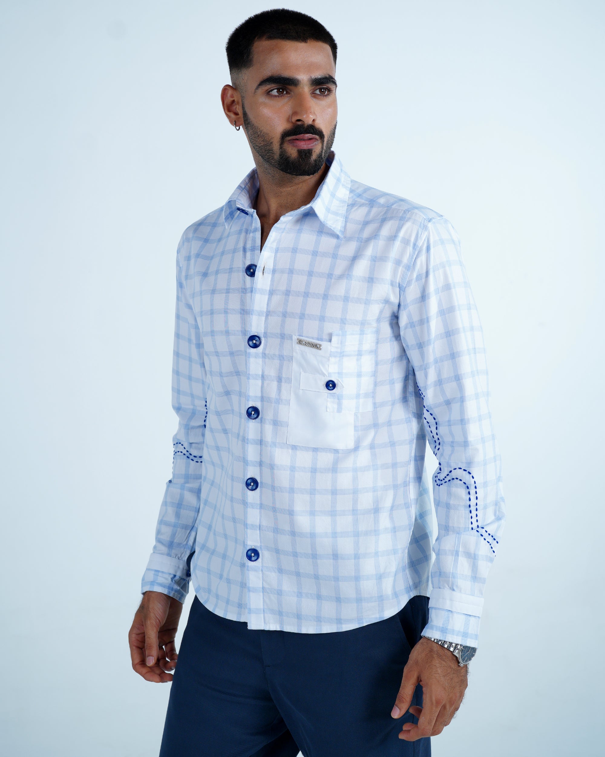 Sky Checks Cotton Shirt With Hand Embriodery