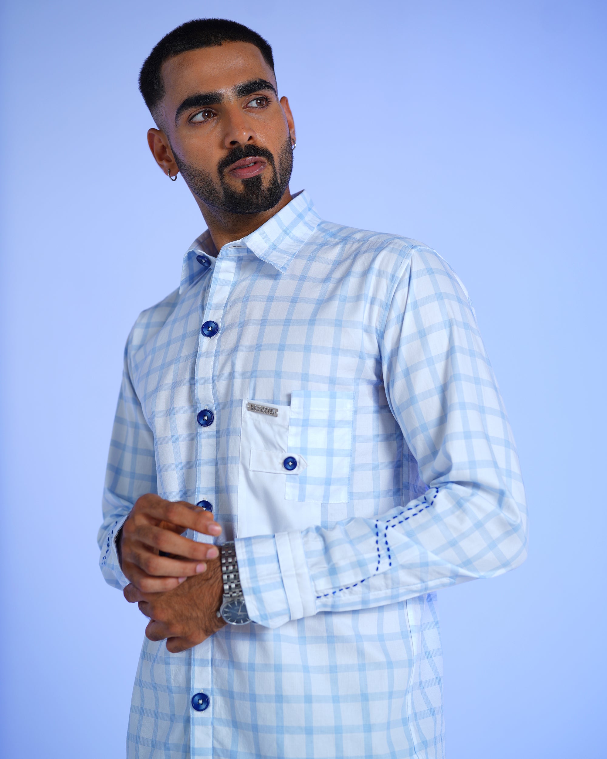 Sky Checks Cotton Shirt With Hand Embriodery