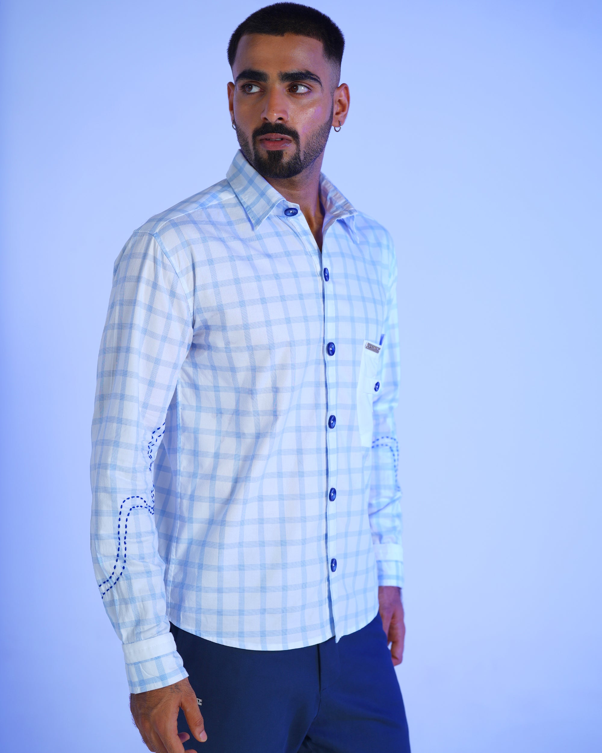 Sky Checks Cotton Shirt With Hand Embriodery