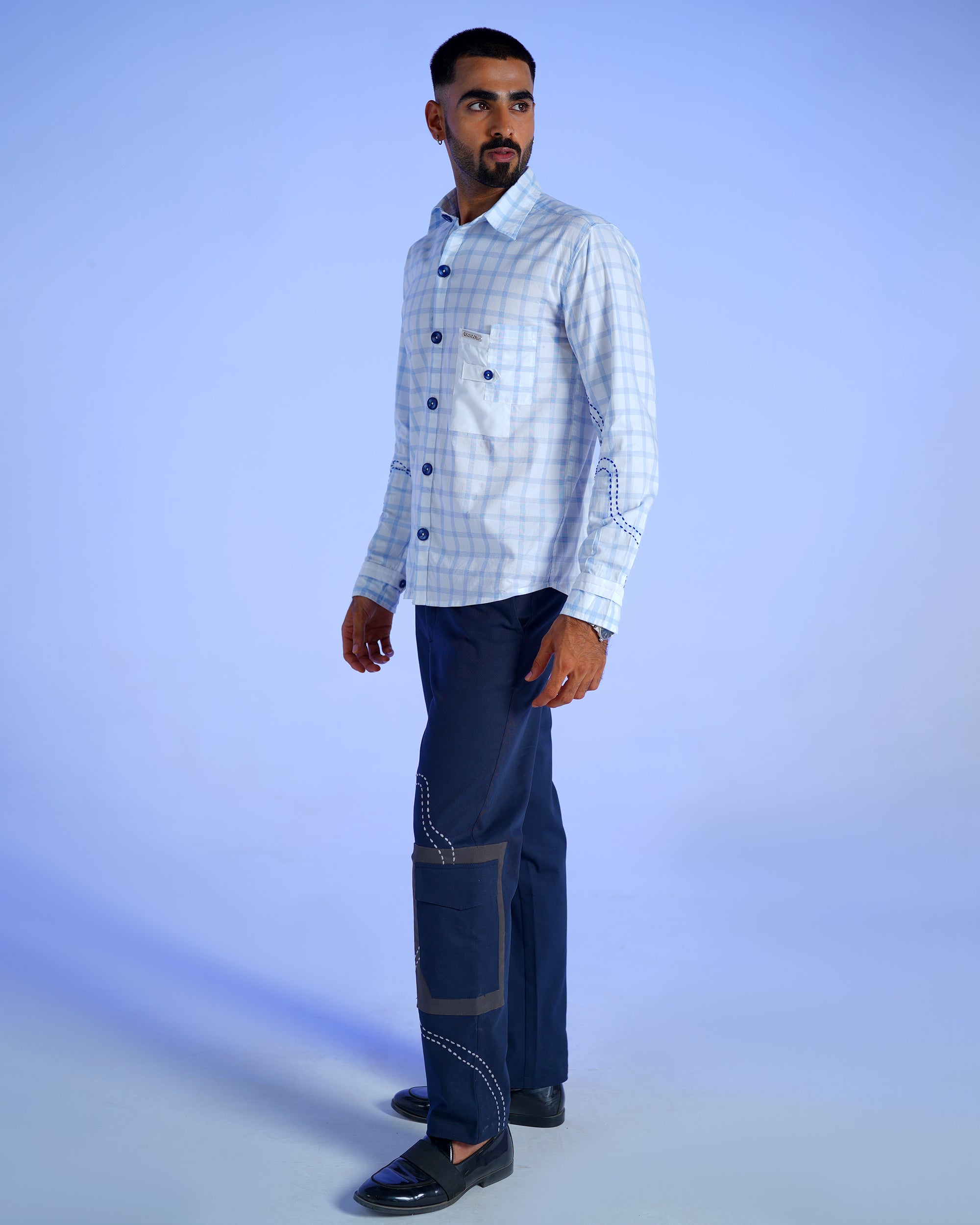 Sky Checks Cotton Shirt With Hand Embriodery