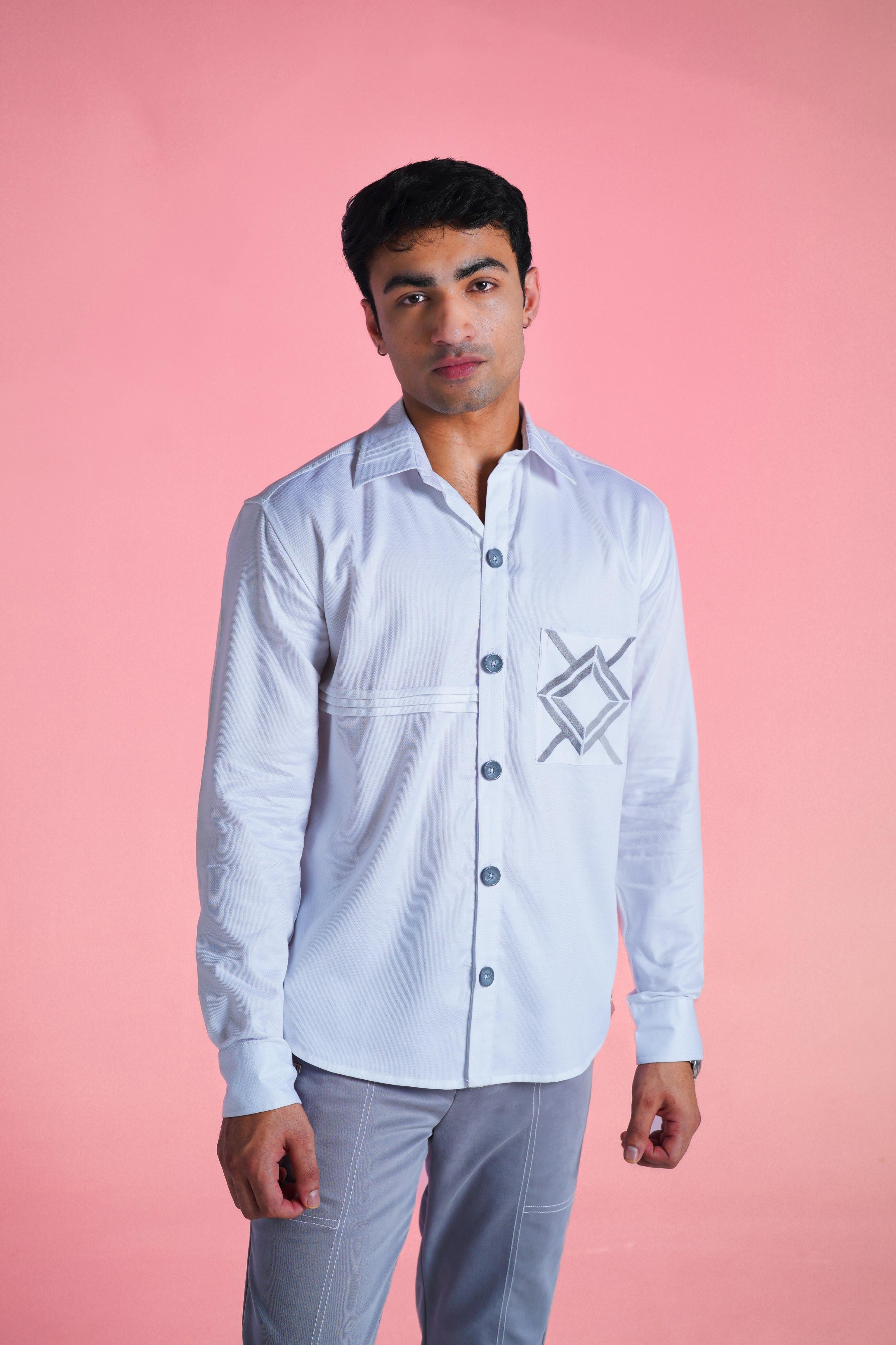 White Dobby Pleated Shirt