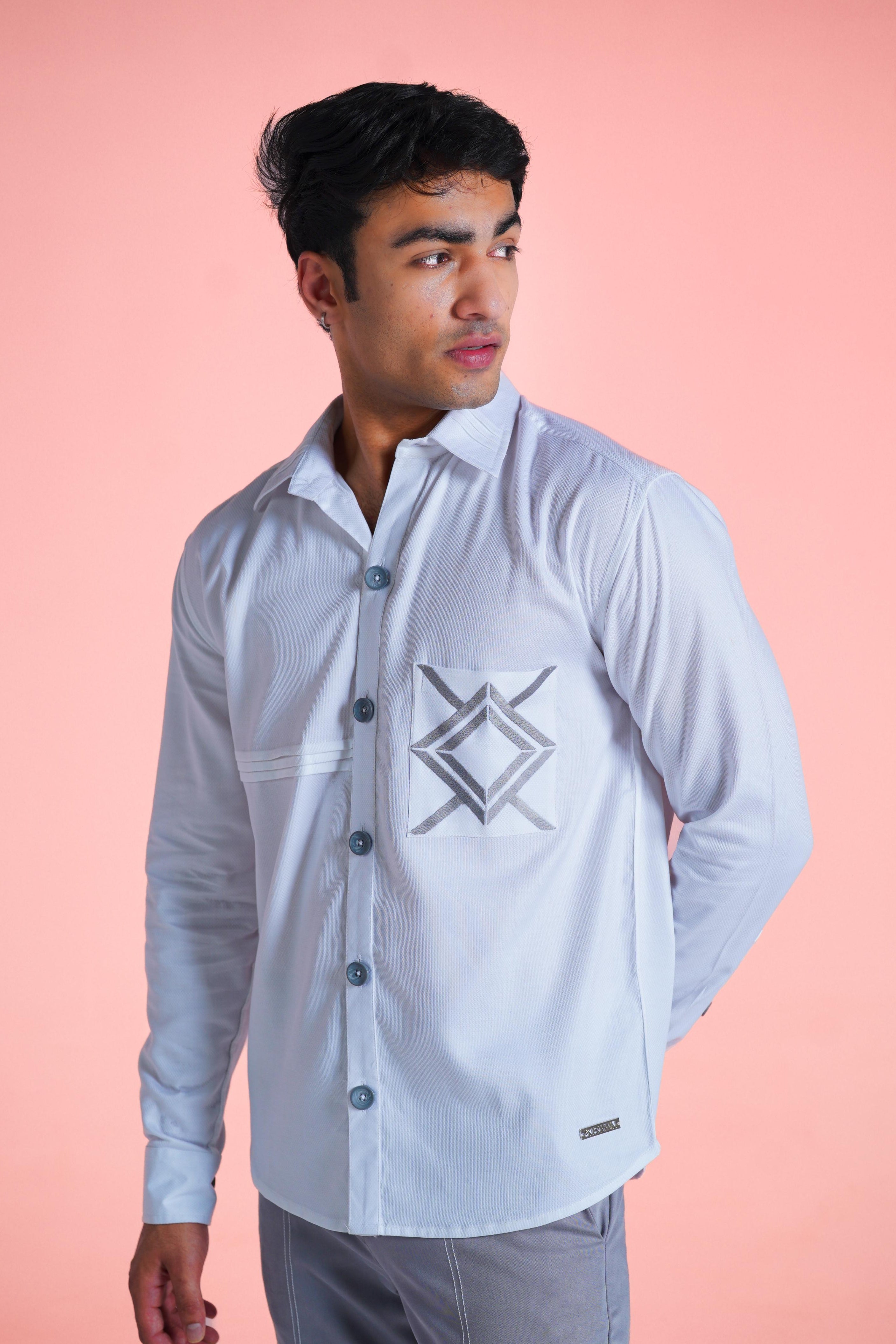 White Dobby Pleated Shirt