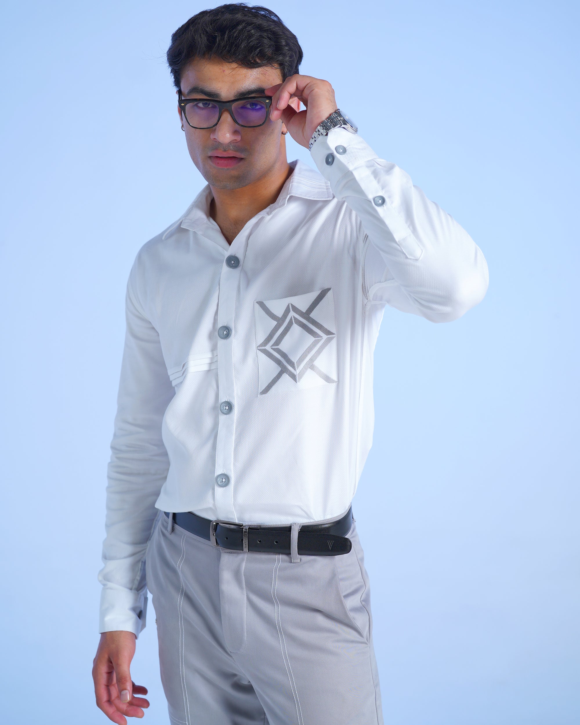 White Dobby Pleated Shirt