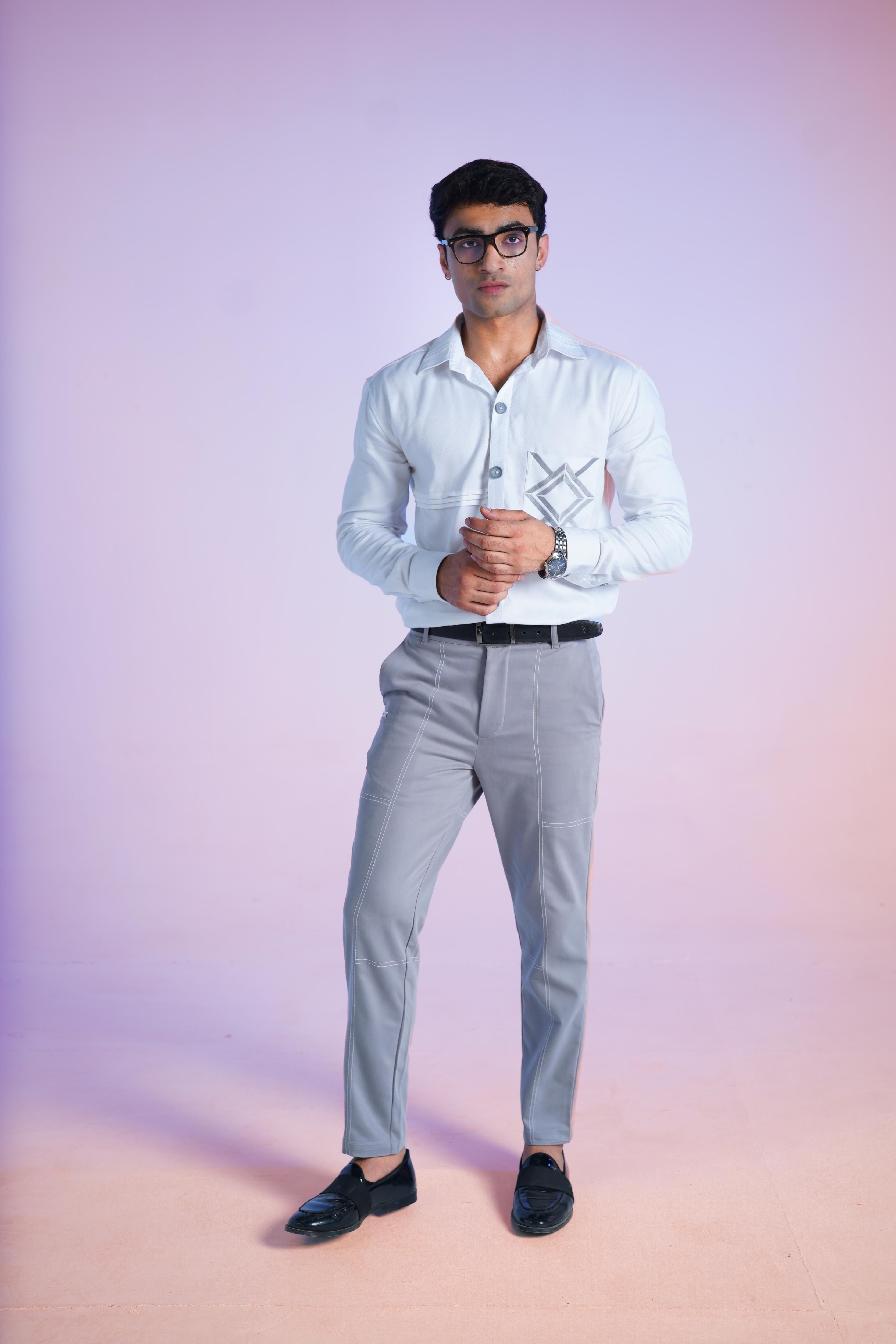 White Dobby Pleated Shirt