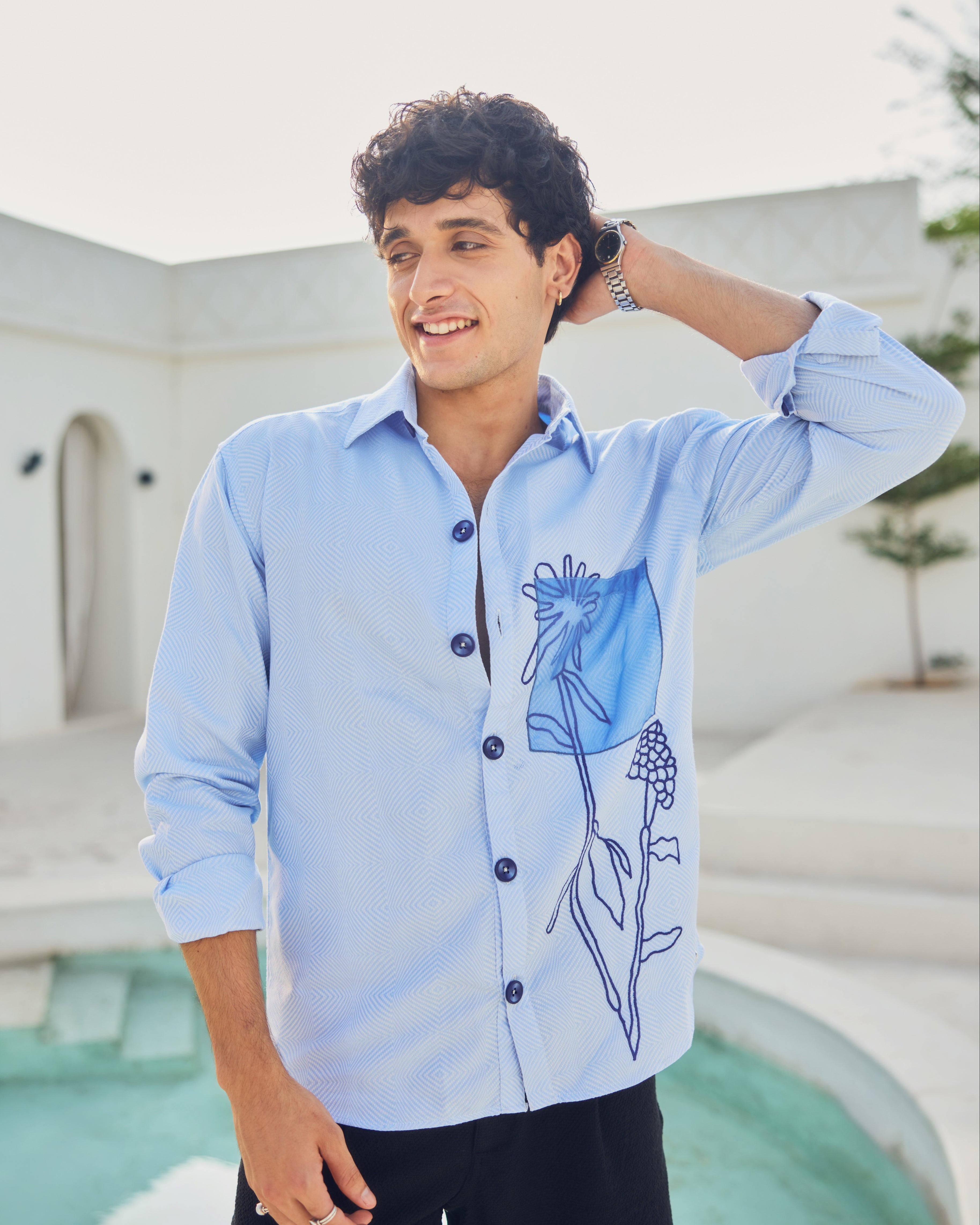 Sky Blue Embroidered Cotton Shirt