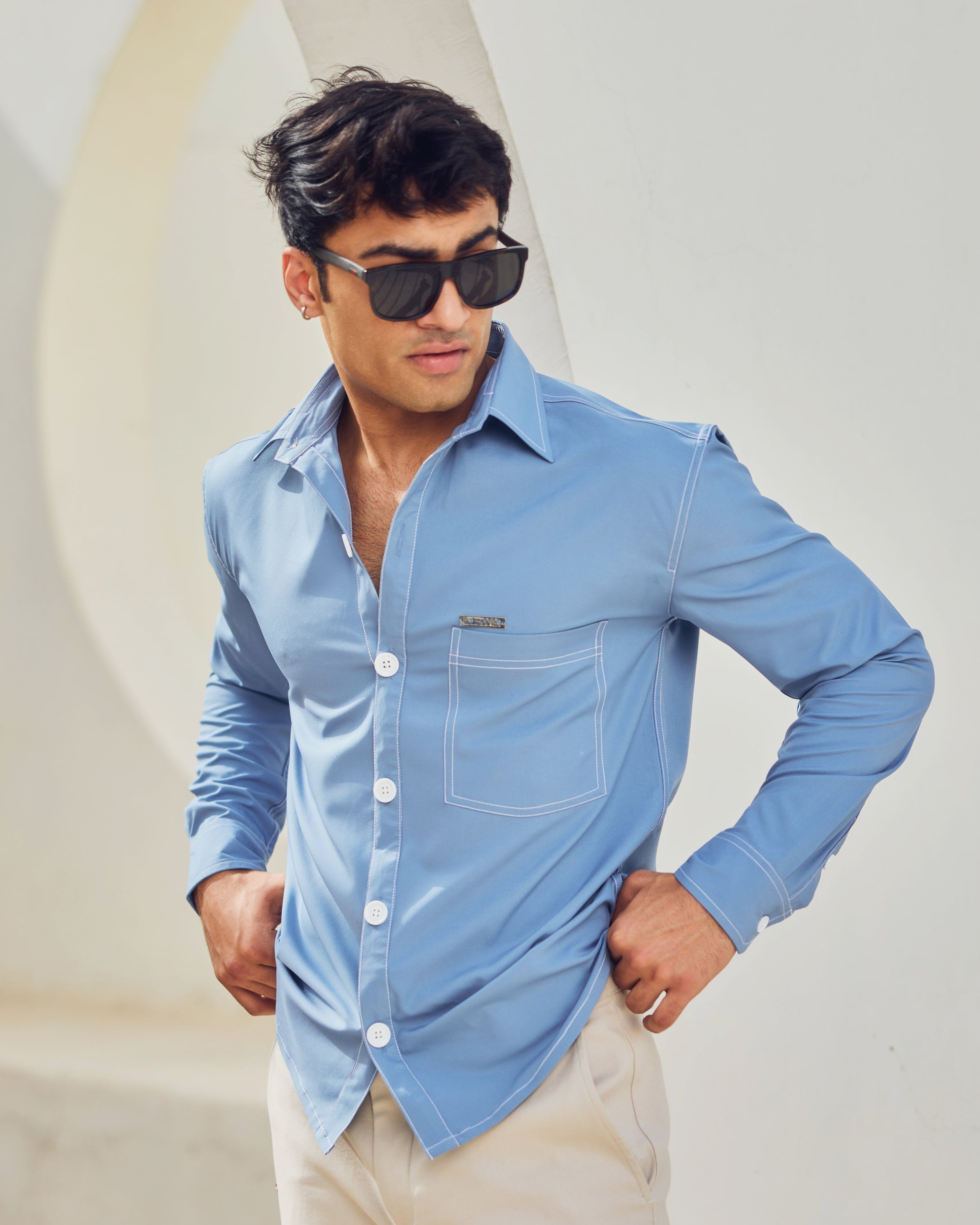 Blue Rich Solid Contrast Stitch Shirt