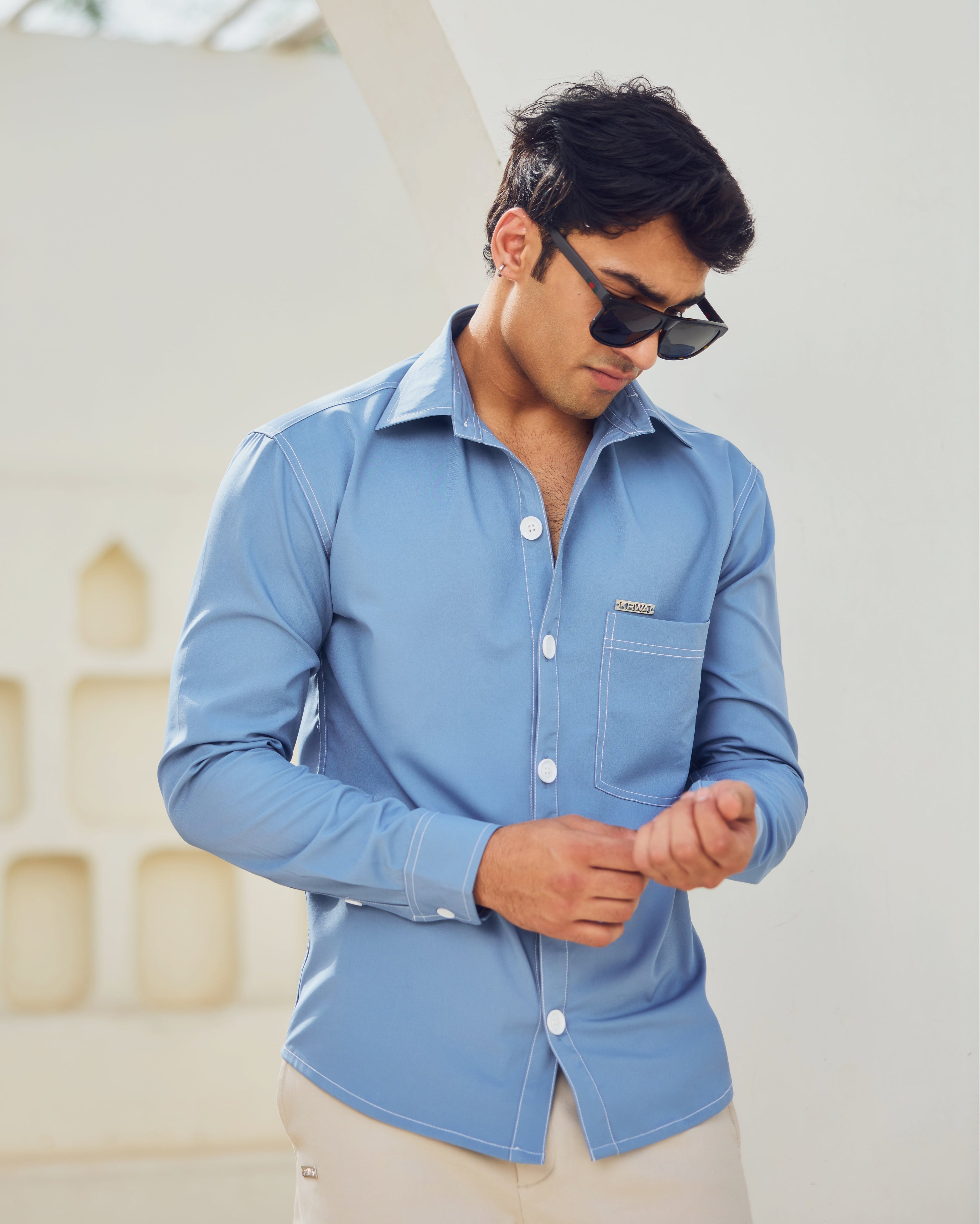 Blue Rich Solid Contrast Stitch Shirt