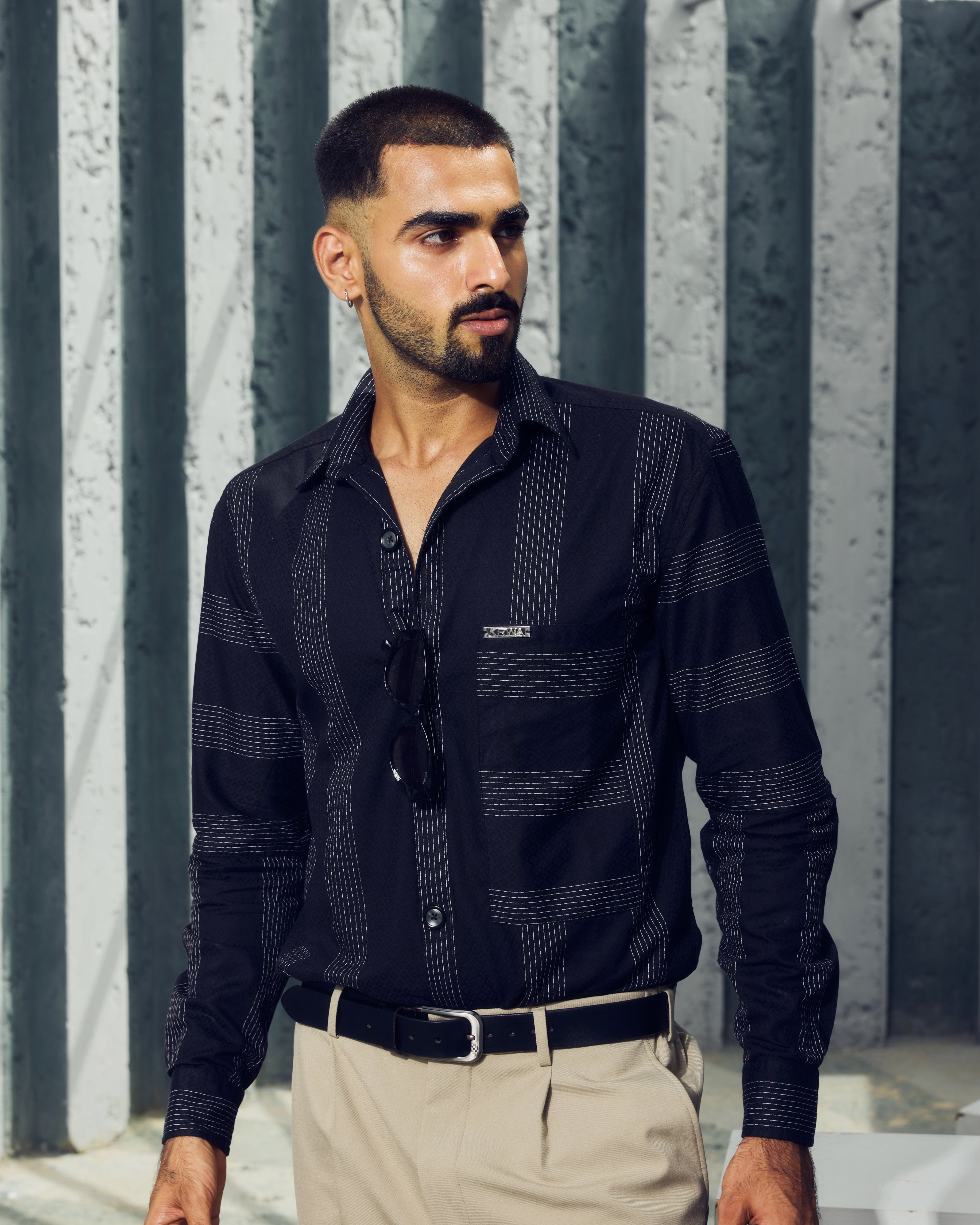 Dark Navy Shirt with Contrast Grid Lines
